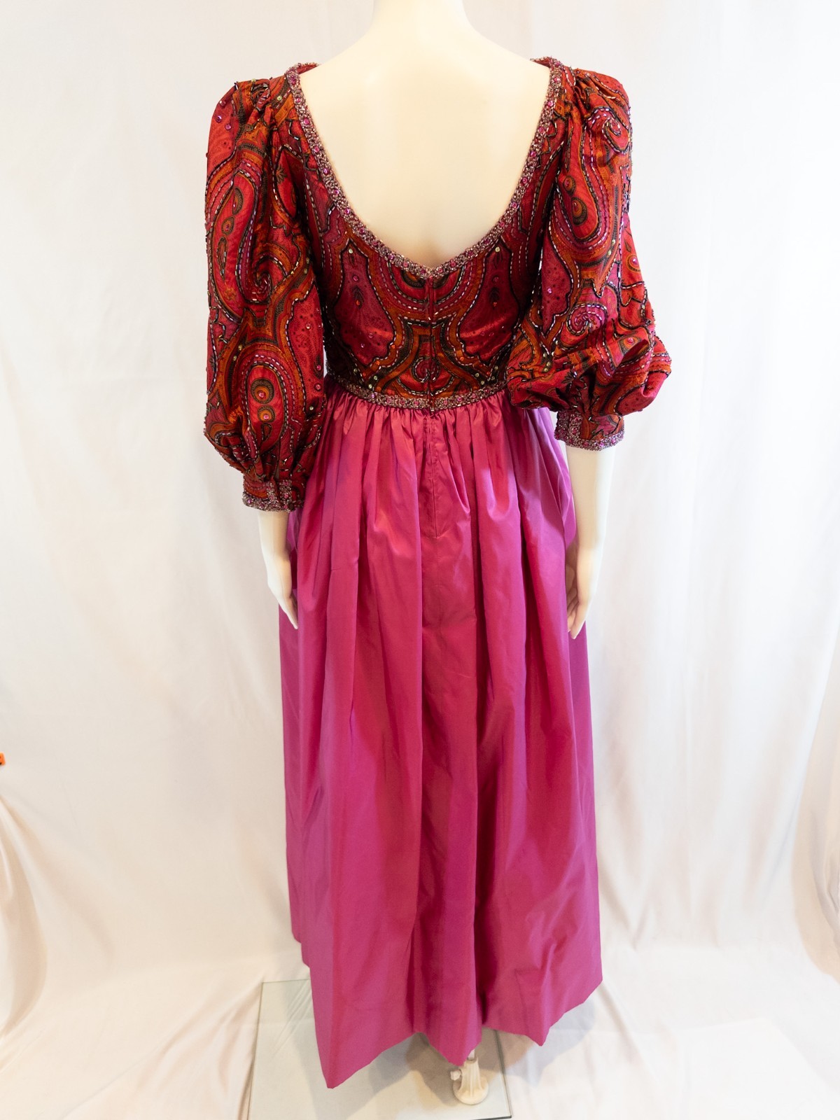 Vintage 1980s Ruben Panis Magenta Satin Taffeta Beaded Paisley Bodice Gown