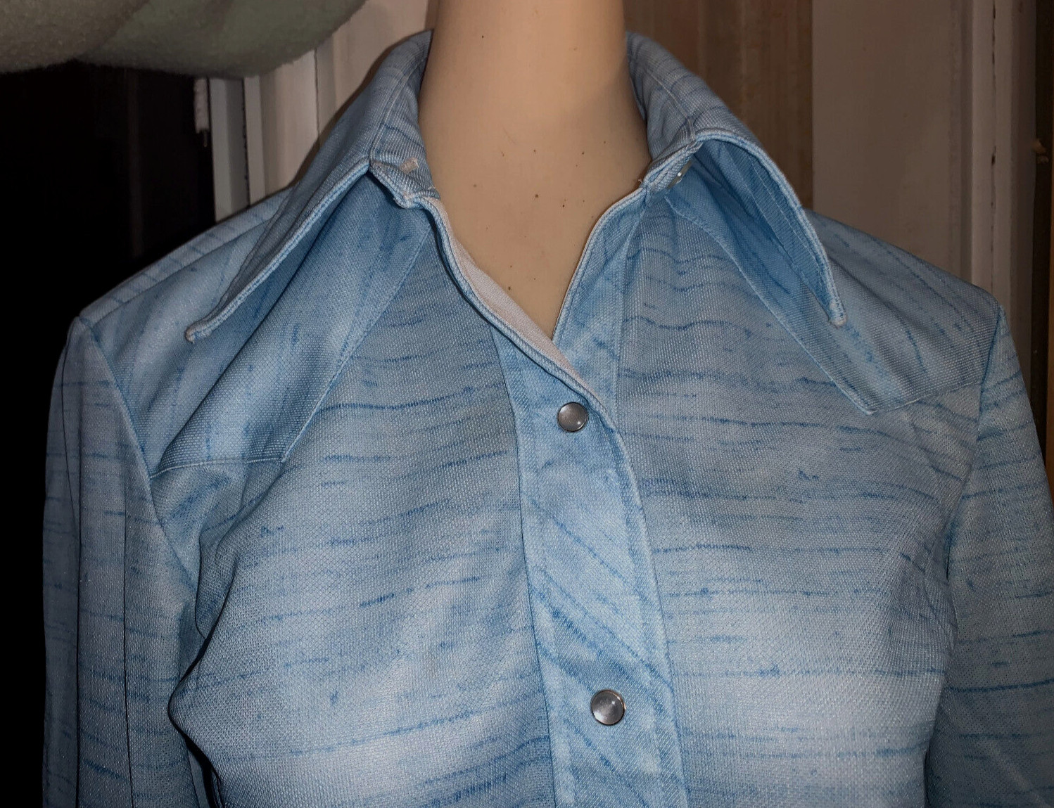 KARMAN Vtg Shirt WESTERN Rockabilly Pearl Snap Lt Blue Yoke Women’s CHEST=34 S