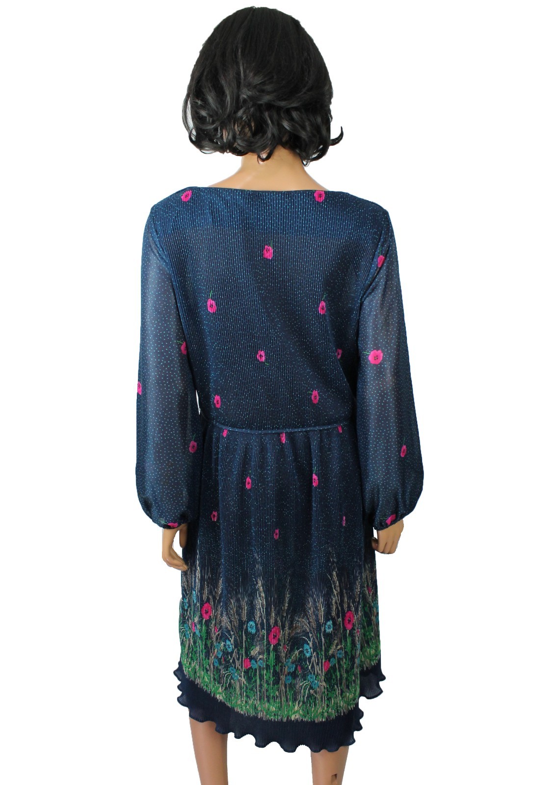 80s Secretary Dress Sz 16 L Vintage Semi Sheer Pleated Blue Pink Green Floral