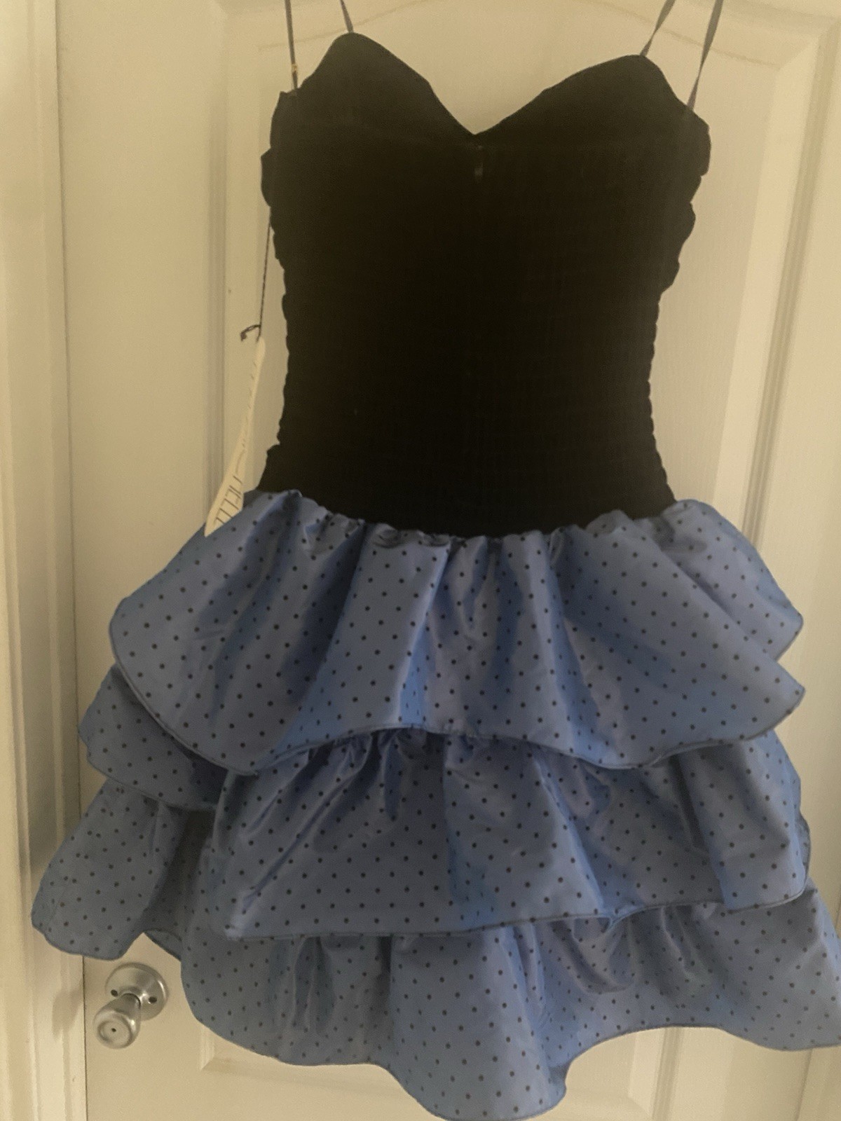 VTG Y2K My Michelle Strapless Black Velvet Bodice Polka Dot Tiered Dress 11/12
