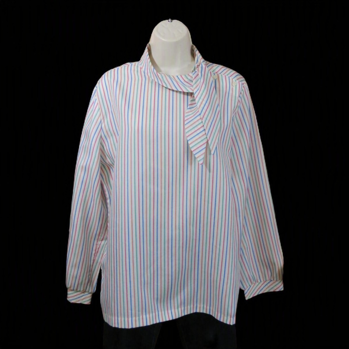 Vtg 80s Lady Devon Striped Secretary Blouse Bow High Neck Top Size 16-18