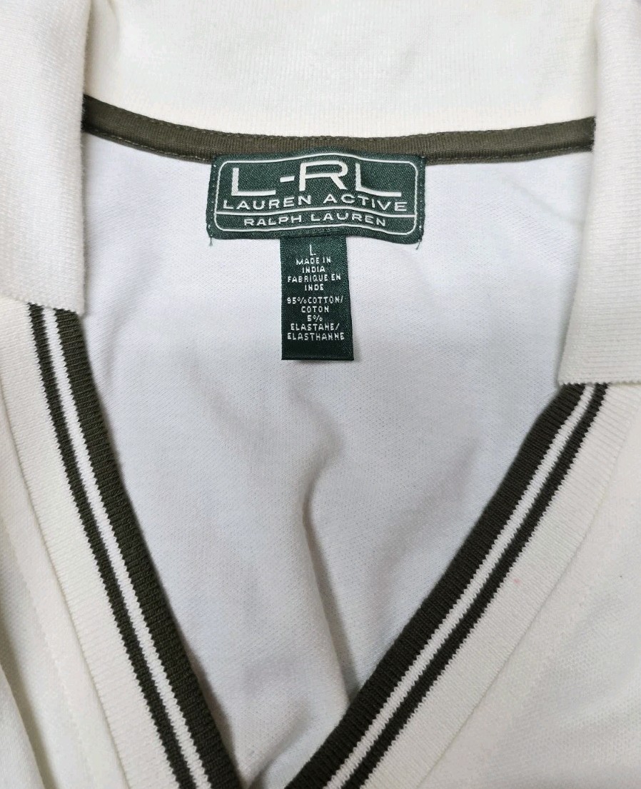 Vtg Woman’s Ralph Lauren V-Neck Polo Shirt Top Beige Green Crested Sz L