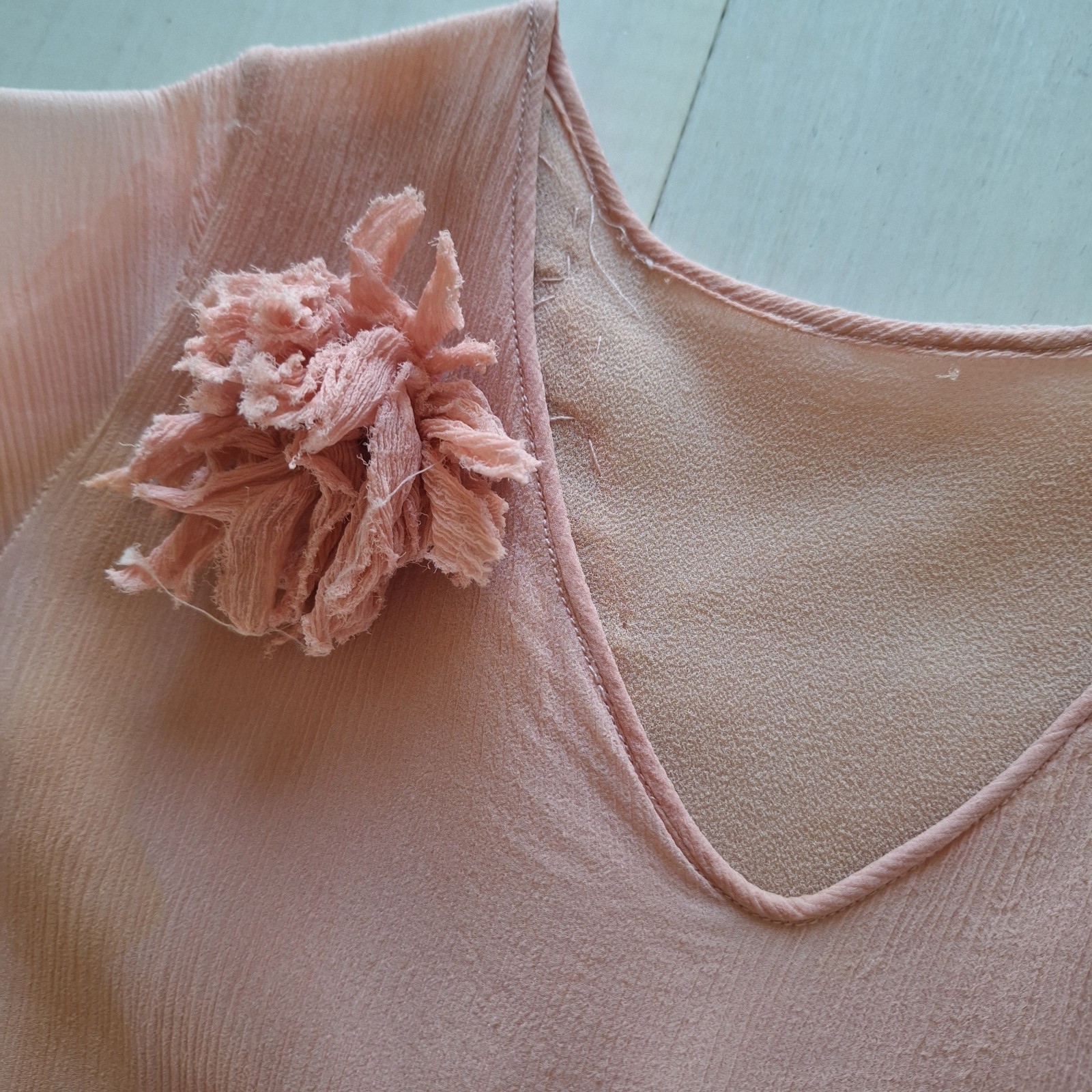Antique 1930s Peach Chiffon Dress Rosette Trim Flutter Sleeve AS IS Art Deco
