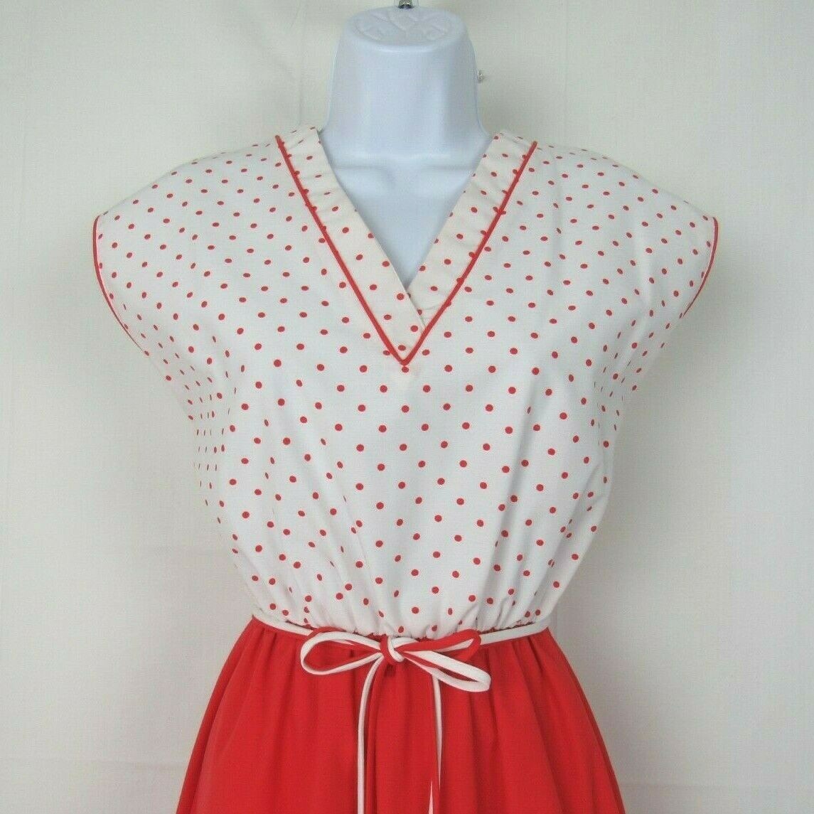VTG 1970s SANSAGE DRESS & BELT RED WHITE POLKA DOTS BELT COTTON BLEND