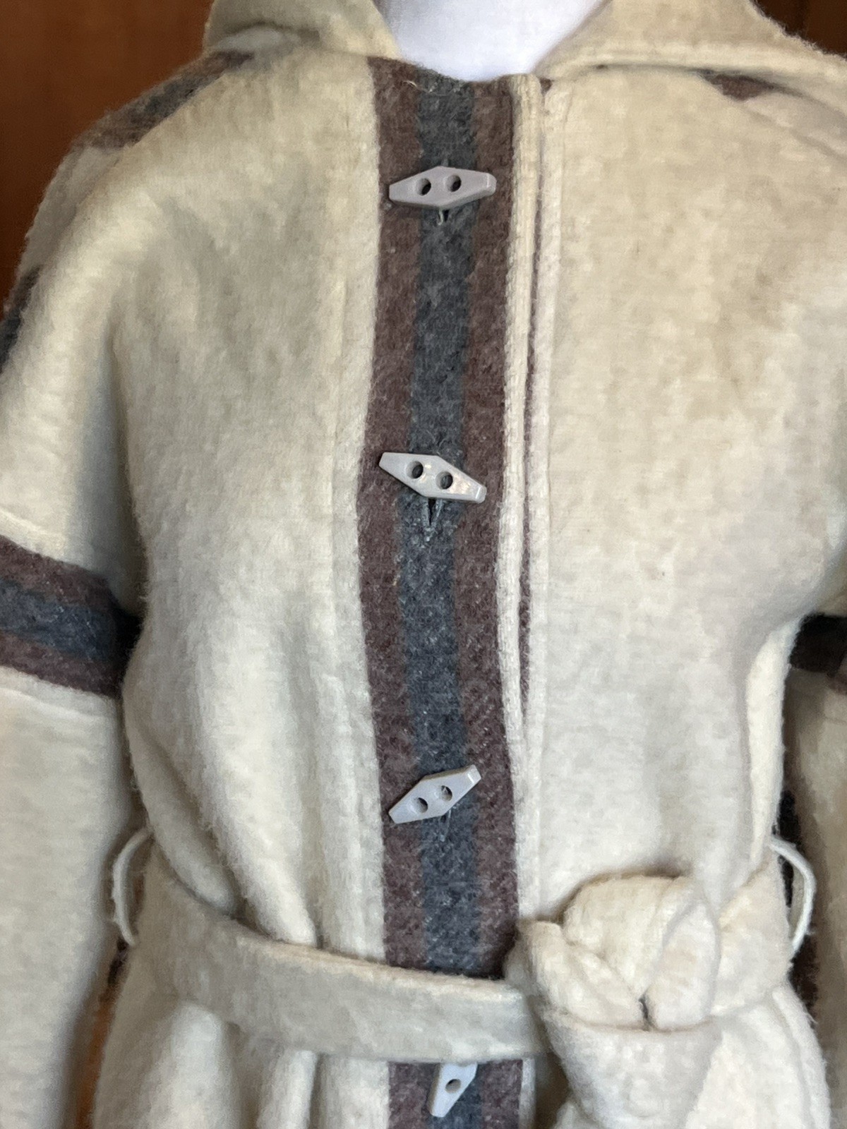 Vintage 1970s Variegated Gray Striped Wool Belted Hooded Coat Casa de Lana