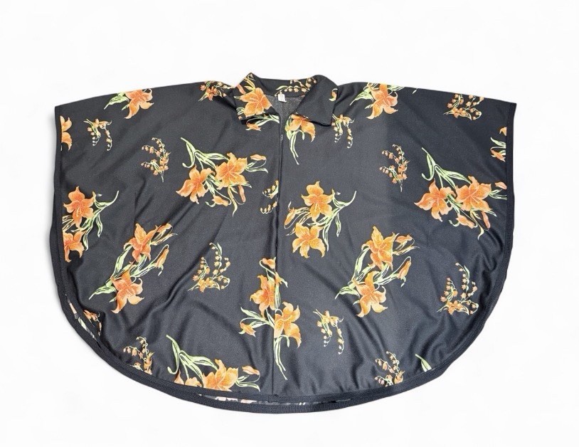Vintage 70s Floral Smock Top OSFM Half Zip Polyester Black Orange Festival Mod