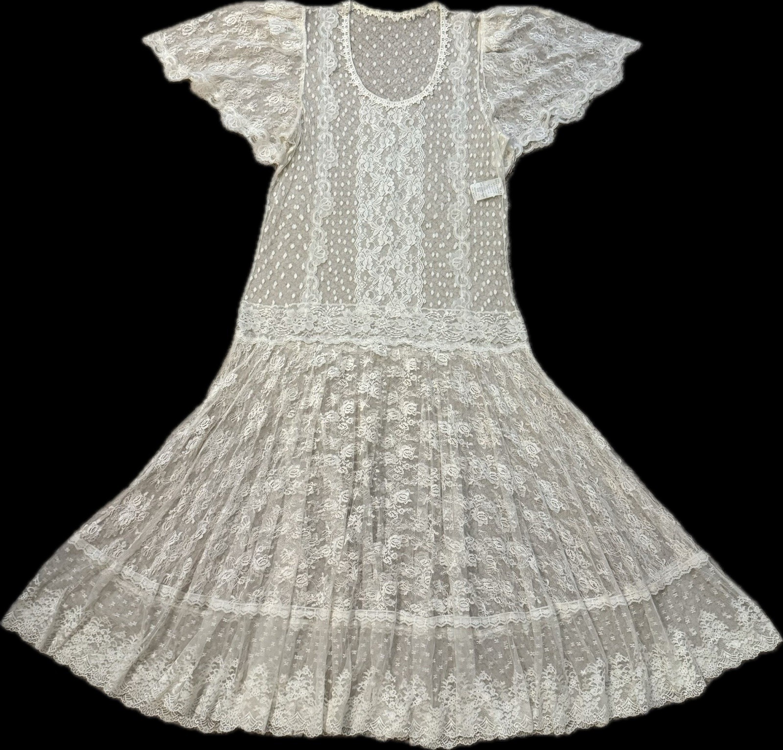WOMENS VINTAGE VICTORIAN LACE MAXI IVORY OFF WHITE BOHO WEDDING DRESS 15 / 16