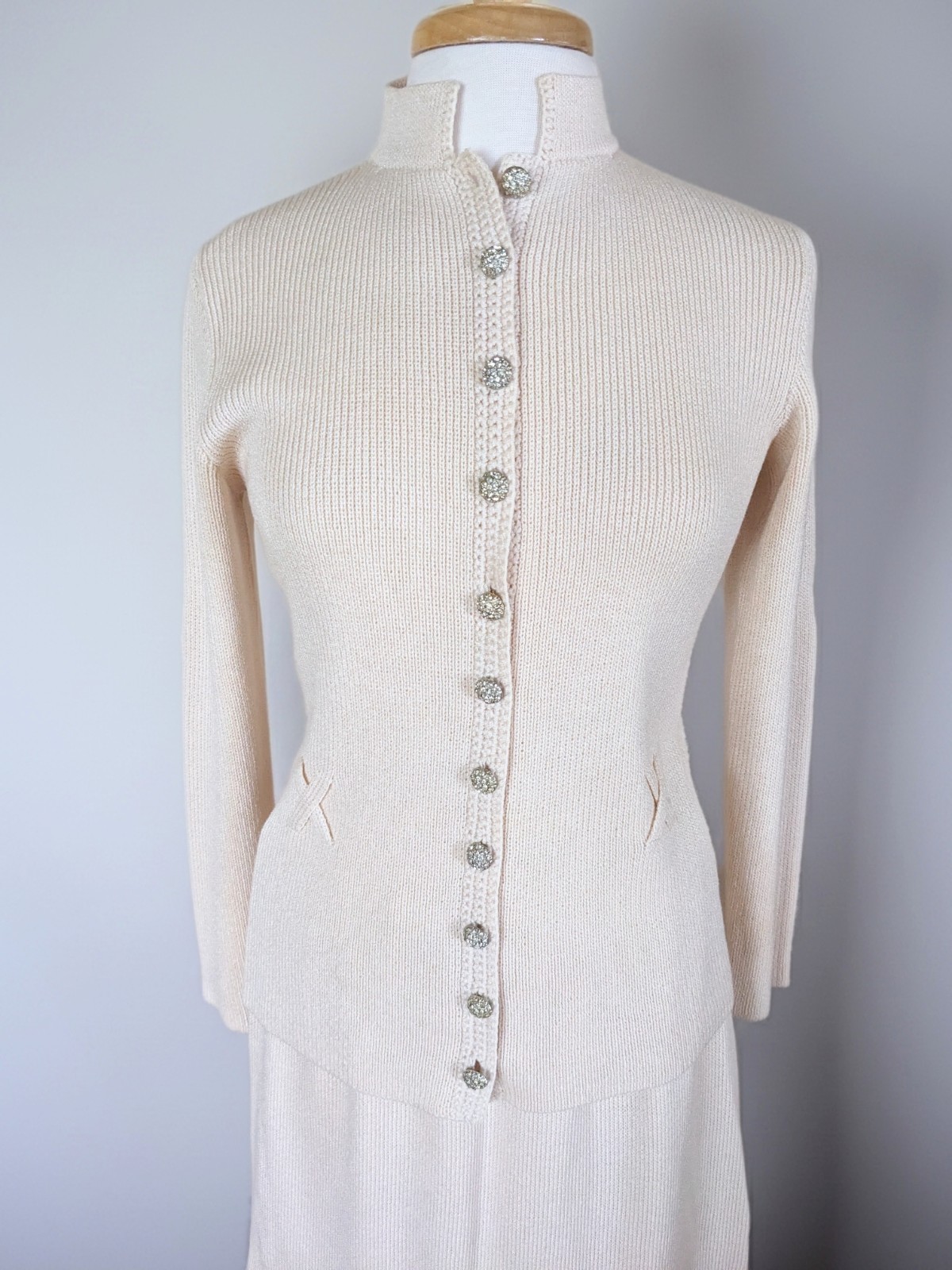 Vintage 80s St John Knits Lillie Rubin Cream Rhinestone Maxi Dress Set