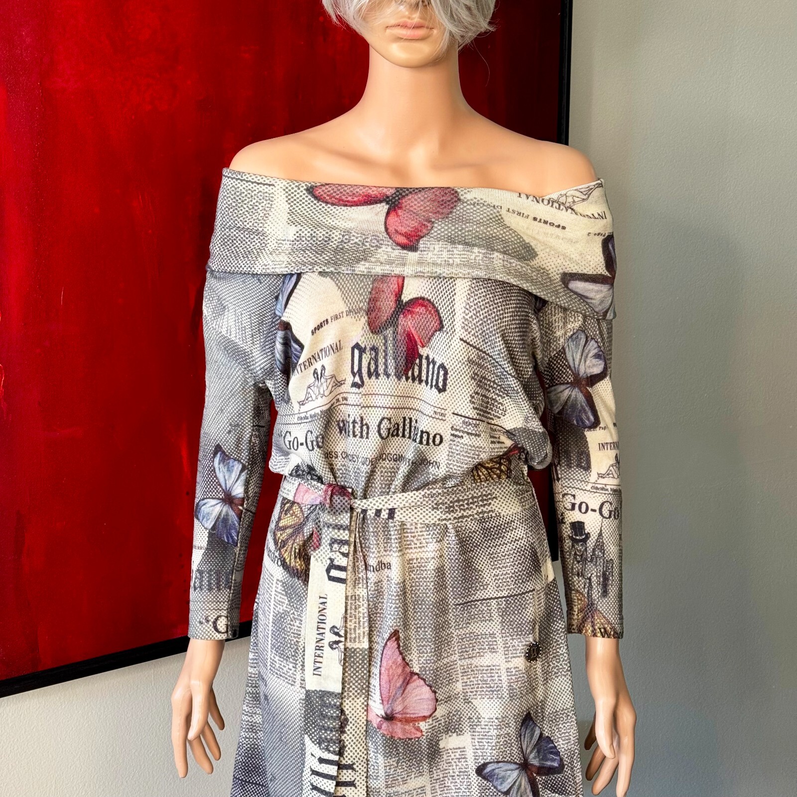JOHN GALLIANO 2000s Gazette Newspaper Butterfly wool stretch dress print size M