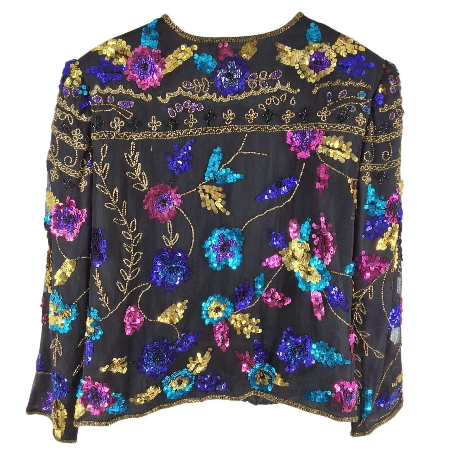 Vintage Drapers & Damons Silk Sequin Beaded Floral Evening Jacket Black PXL