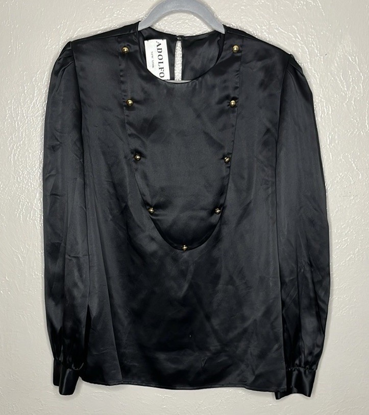 True Vintage 70s Adolfo Silk Satin Top with Gold Buttons Elegant Classic Chic