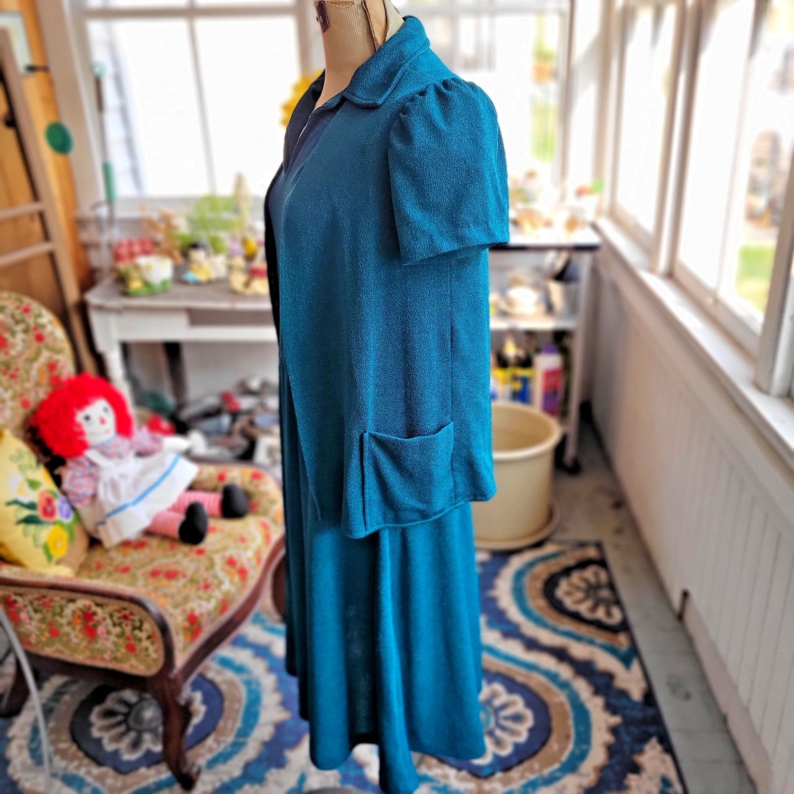 Vintage 1970’s -Cinched Waist Soft Terry Poly Sun Dress w Cardigan Top Size L