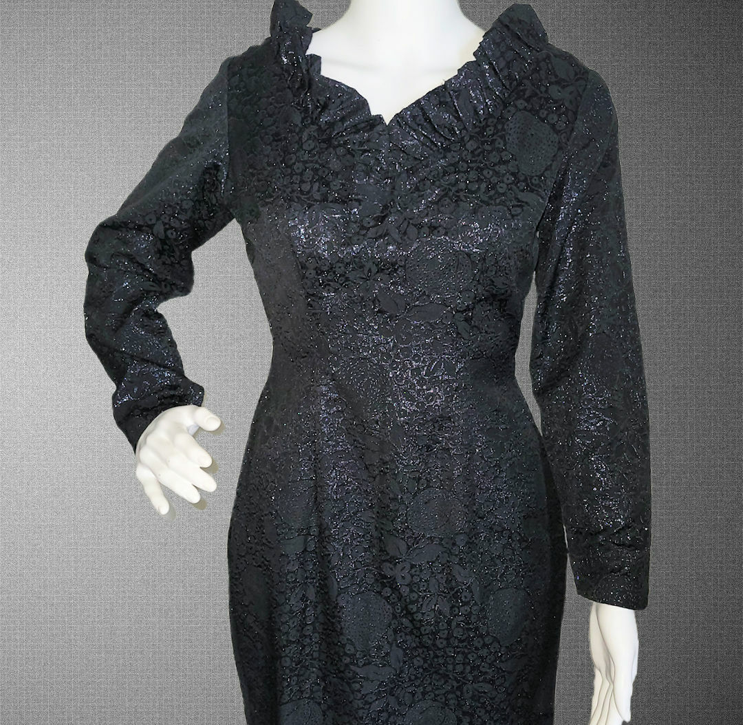 Vtg Bombshell Black Jacquard Wiggle Pencil Dress Princess Seams OOAK 36 26 36 T