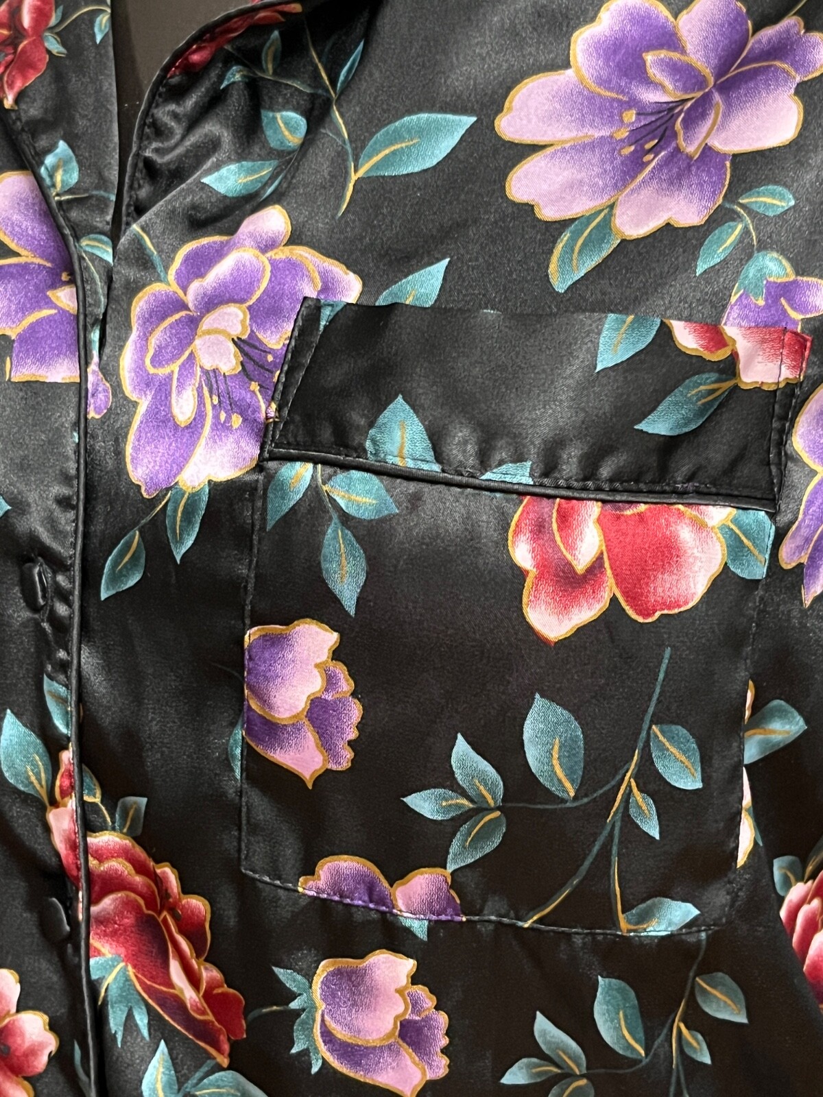 Secret Treasures Retro Floral Satin Pajama Sleep Shirt Large Button Longsleeve