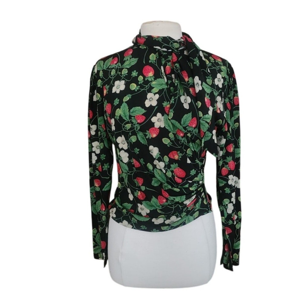 Vintage 1980s Emanuel Ungaro Parallele Blouse Strawberry Floral Print Silk Shirt
