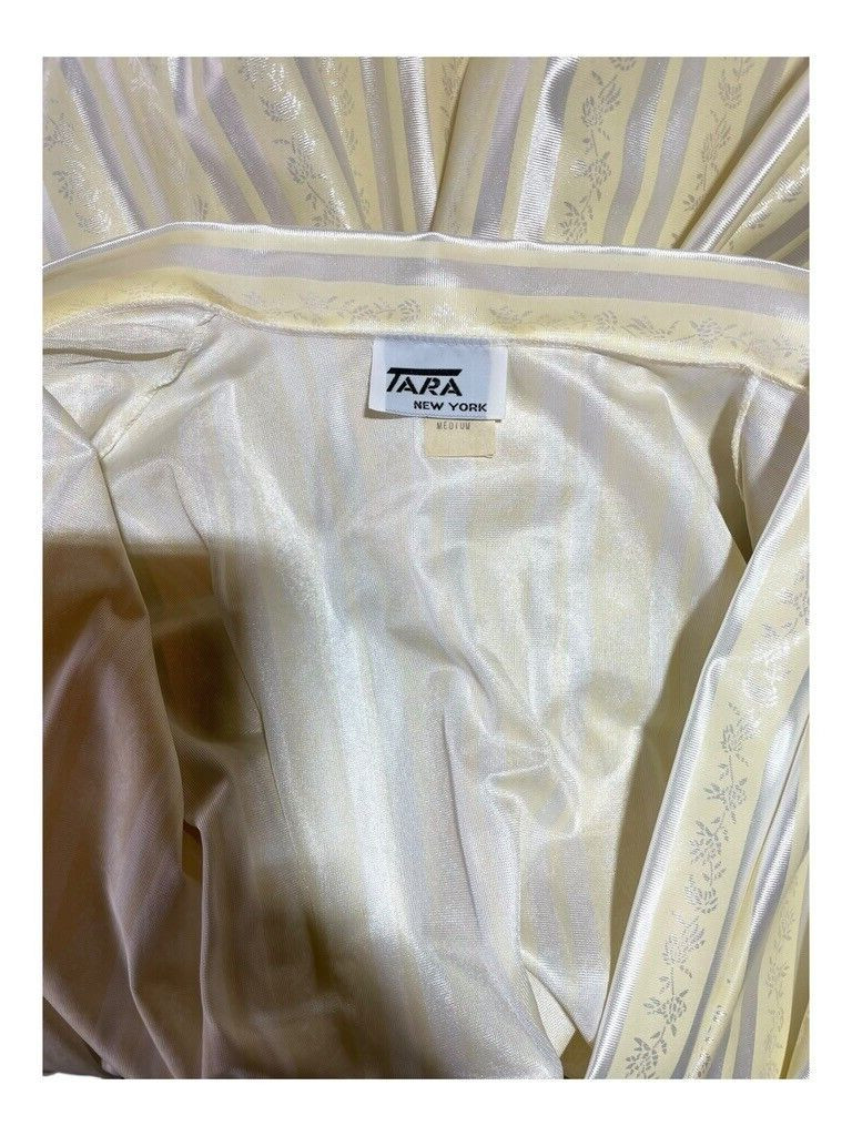 Vintage 70s 80s Robe Women M Long Satin Kimono Lightweight Yellow Stripe Floral