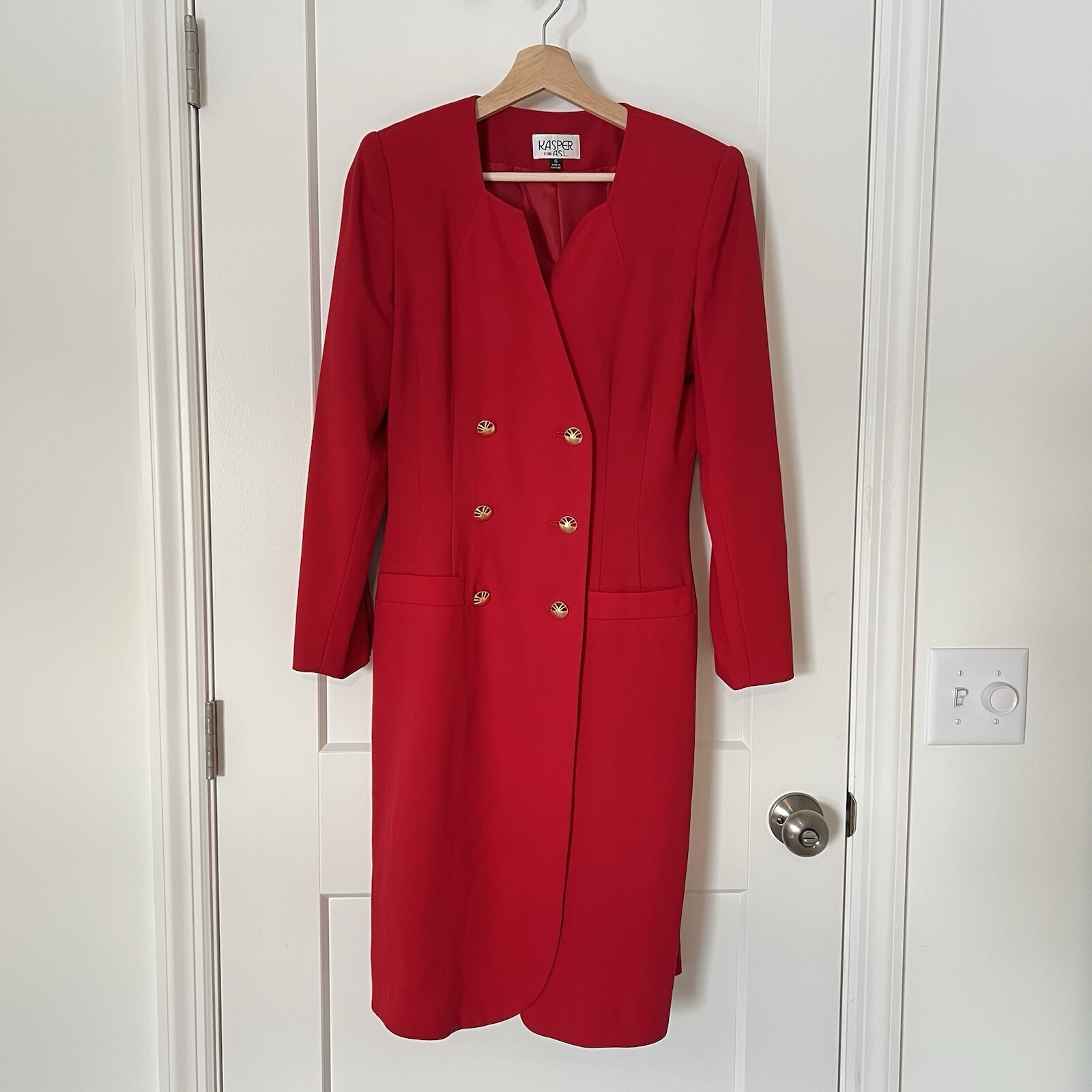 Vintage 1980’s Kasper for ASL Bright Cherry Red Blazer Dress w/ Brass Buttons