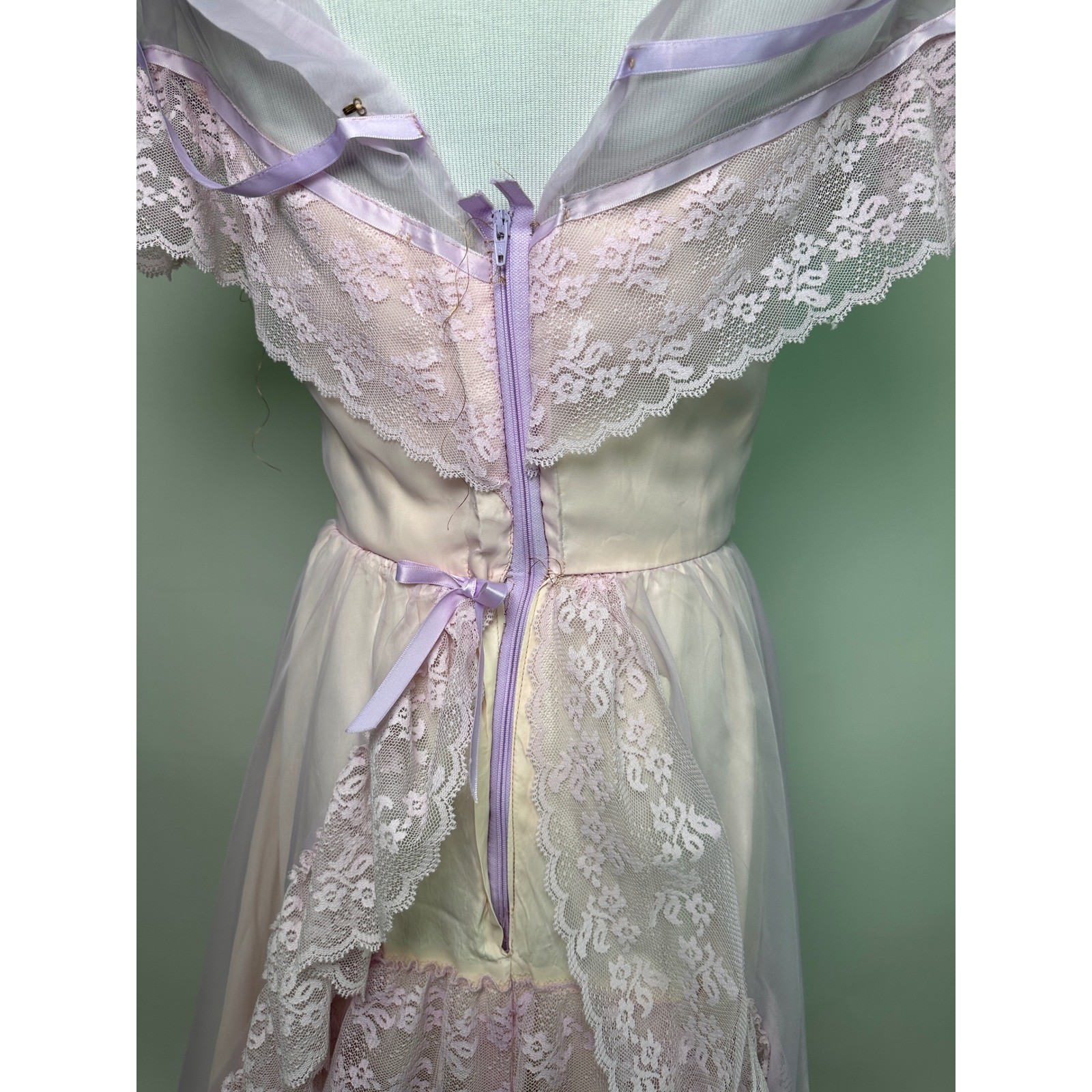 Vintage 70s Lilac Prairie Cottagecore Cupcake Dress Tulle Lace Boho Maxi Gown