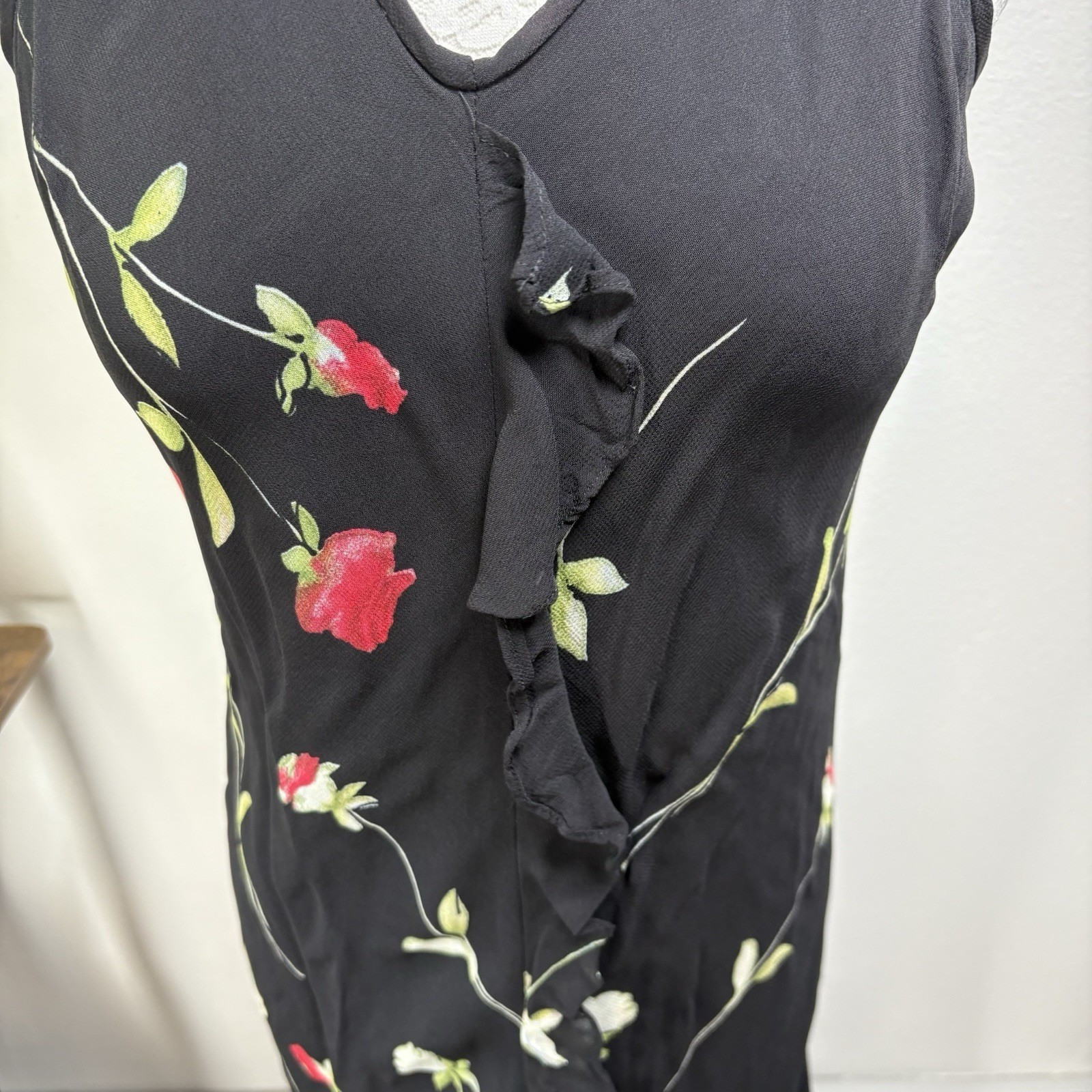Vintage Evan Picone Women 6 Black Rose Midi Dress 90s Grunge Ruffle REPAIRED
