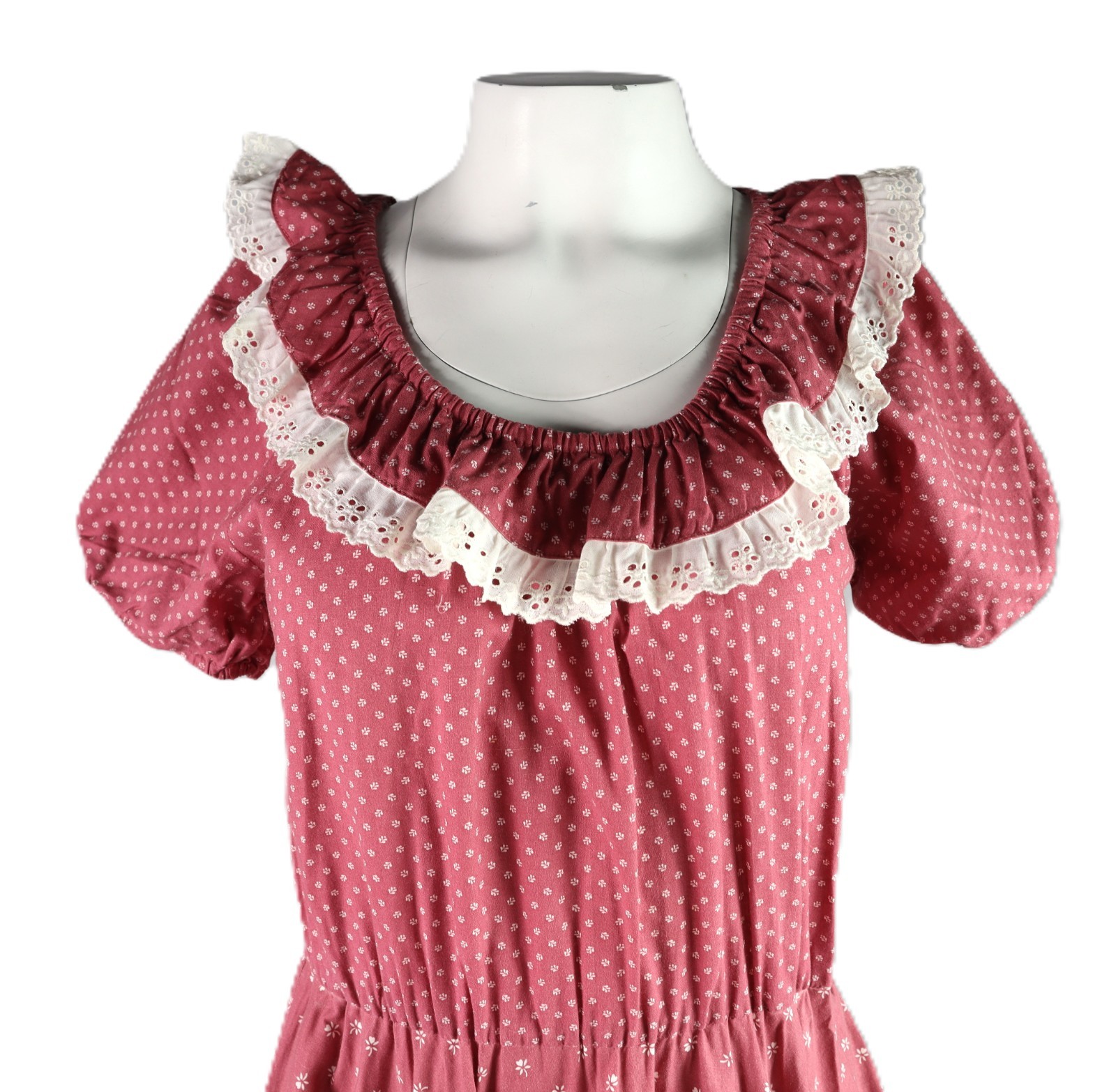 VTG 60s 70s US 2 4 6 8 S M Square Dance Prairie Ditzy Print Lace Midi Dress Pink