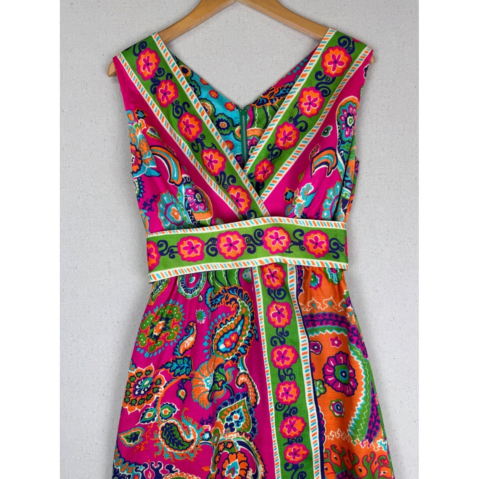 VTG Psychedelic Paisley Floral Maxi Dress Pink Orange Green Garden Party Boho