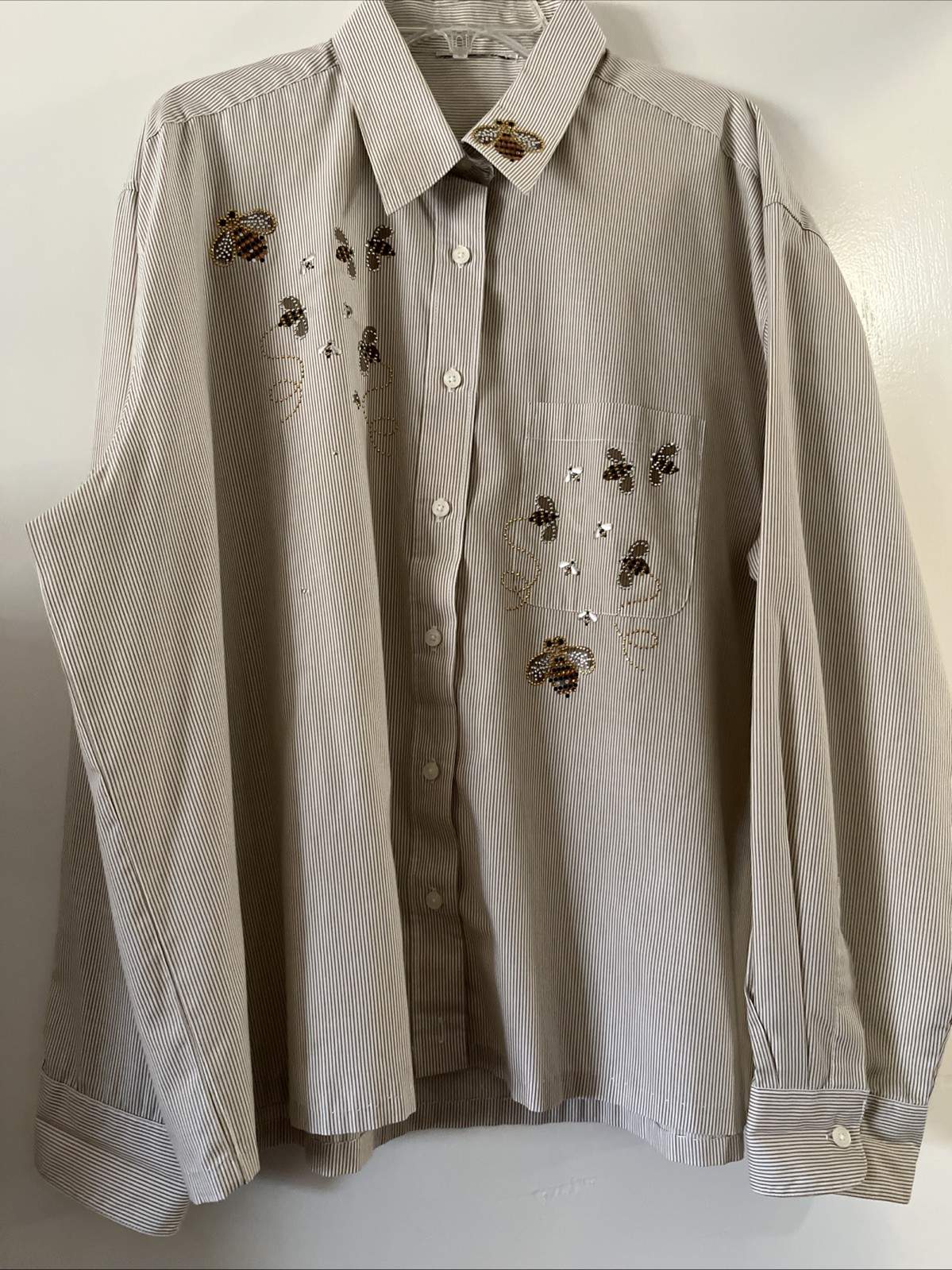 Vntg Fortune By Stan Golden Striped Button Blouse Sparkle Bumble Bee 52″Bust