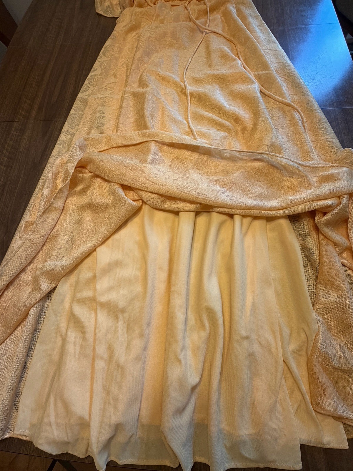Vtg 70s-80’s Gold Rose Overlay Blouson Maxi Dress Floral Prairie Romantic
