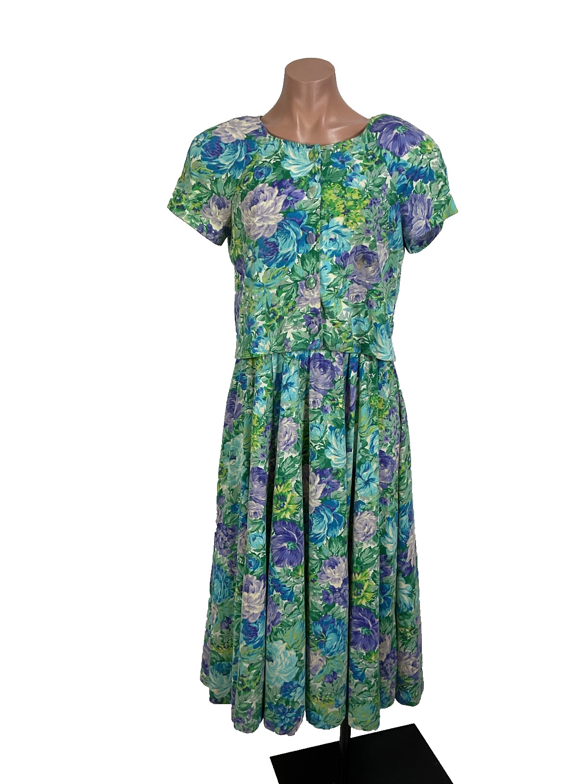 Vintage Expo Dress 80s Floral Sundress Puff Sleeve Cardigan Set Cottagecore Sz 8