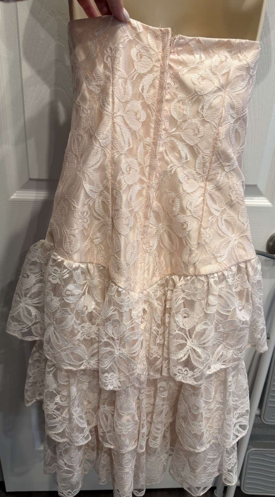 Vintage FLIRTATIONS 80s Prom Party Dress Pink Lace Ruffle Strapless S Alfred Ang