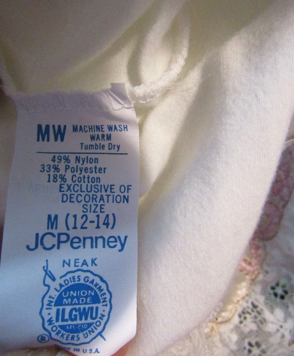 Vtg JC PENNEY Long Nightgown Shiny Satin Prarie Lace Embroidery Union USA Tag M