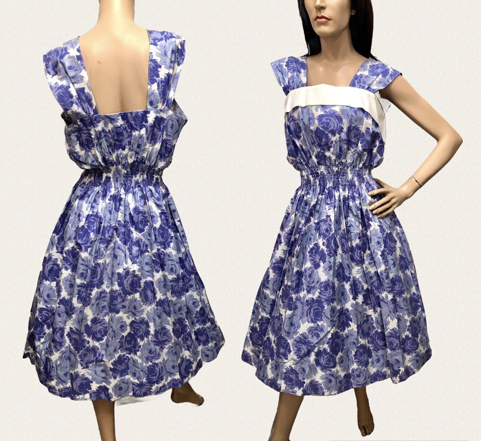 VTG 1950s *BLUE ROSE BLOSSOM All-Over Print CHINTZ SUNDRESS* Wide CINCHED WAIST