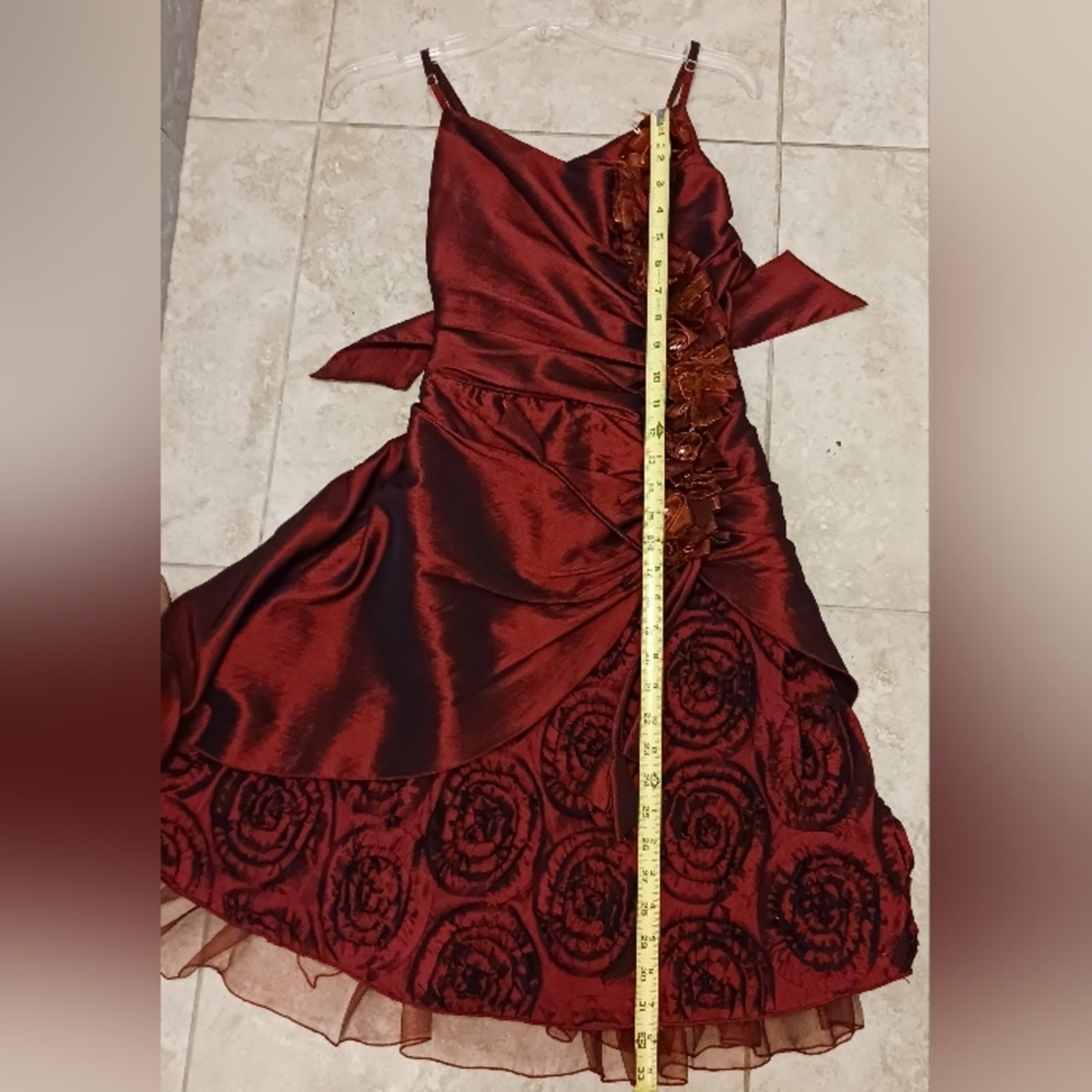 Red Satin Formal Dress 3D Roses Gown XS Burgundy Red Wedding Prom Evening Party