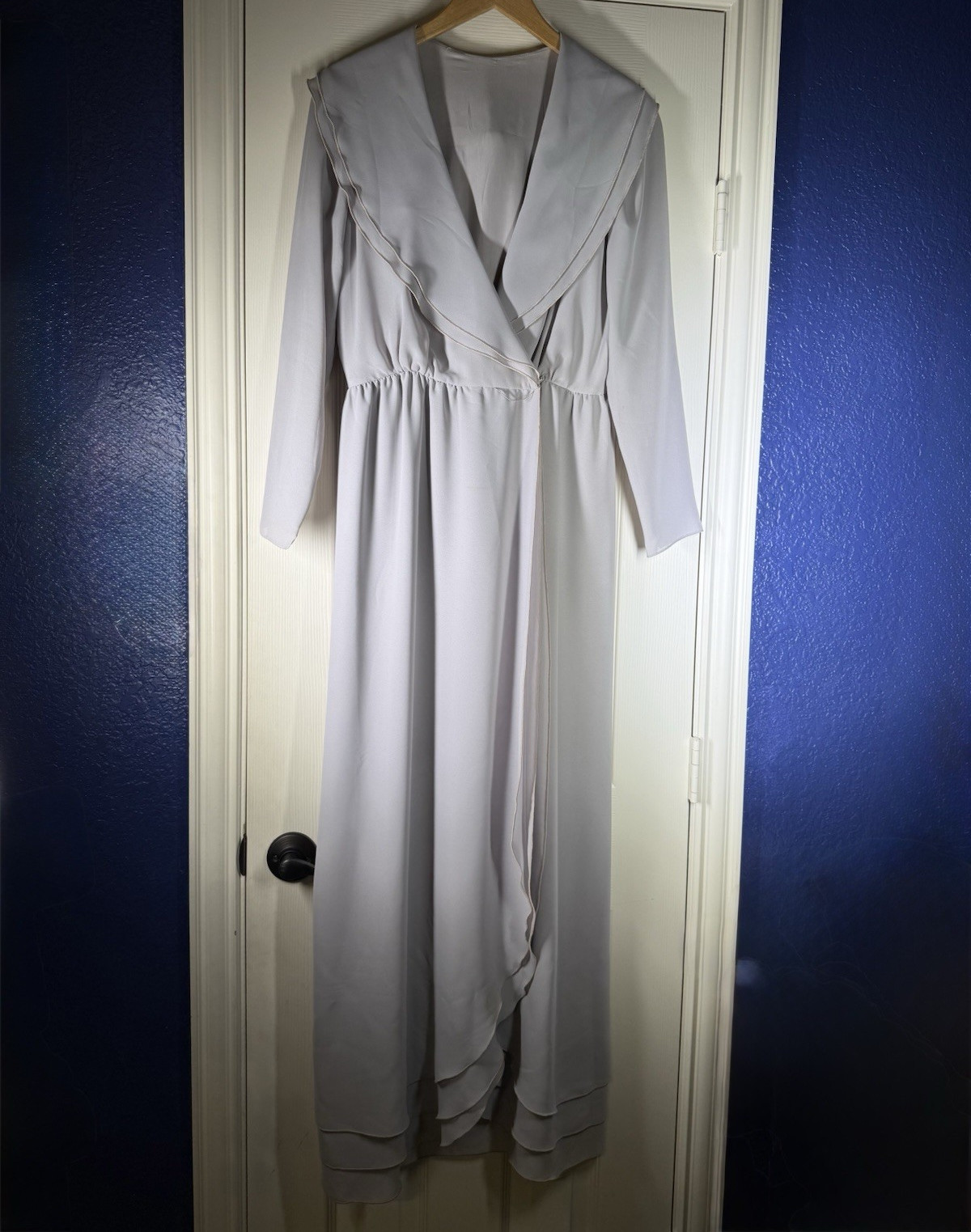 Vintage 70s Kay Kipps New York Ruffle Portrait Collar Maxi Dress M Gray Crepe