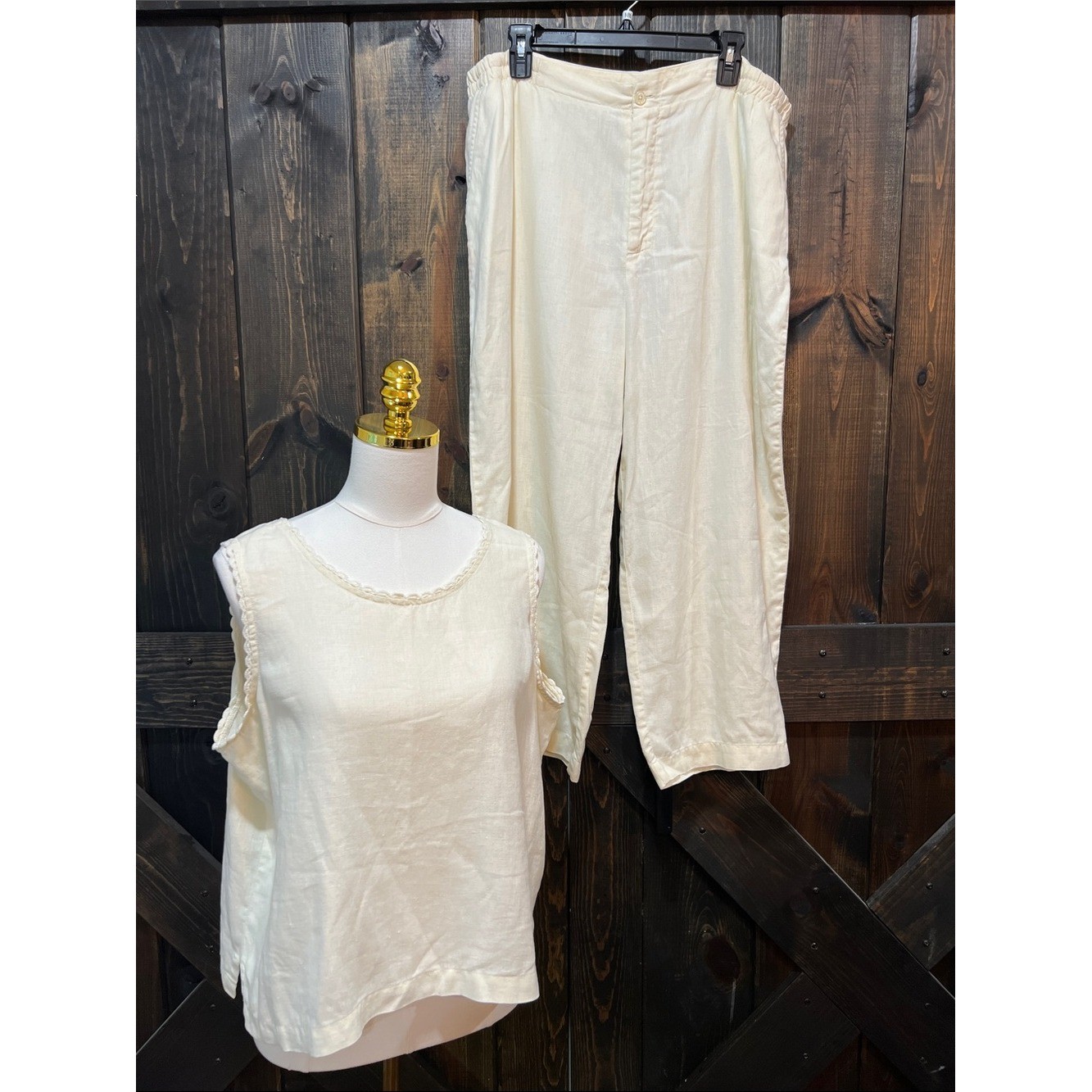 Vintage Bagatelle Cream Linen Set XL 16 2pc. Tank Pants Lace Trim Boho Coastal