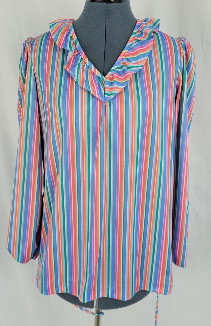Vintage Beeline Polyester Striped Top with Ruffled Collar and Tie Waist Size XL?