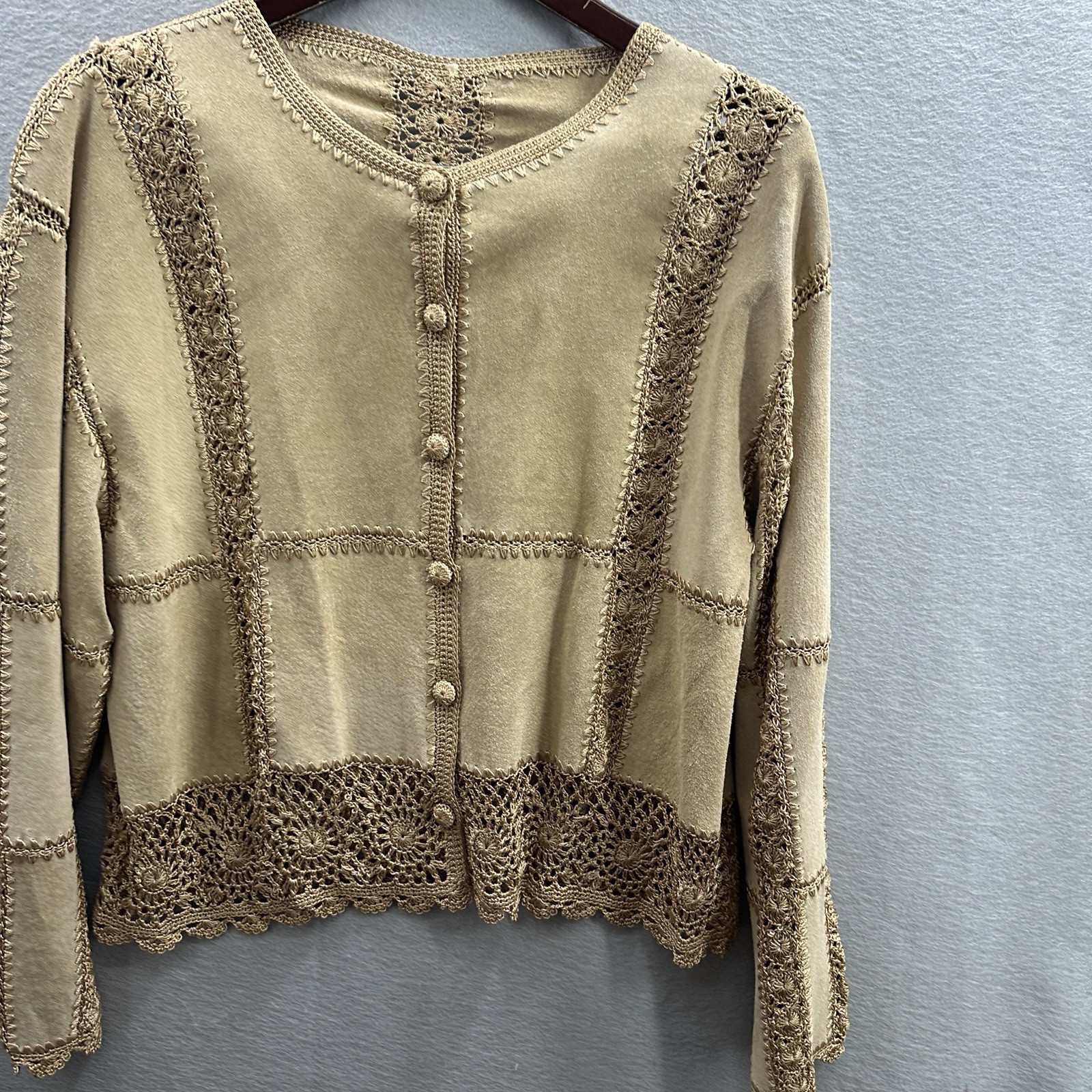 Vintage Suede & Crochet Tan Jacket Hippy Boho Grunge Quiet 70s y2k Women’s L