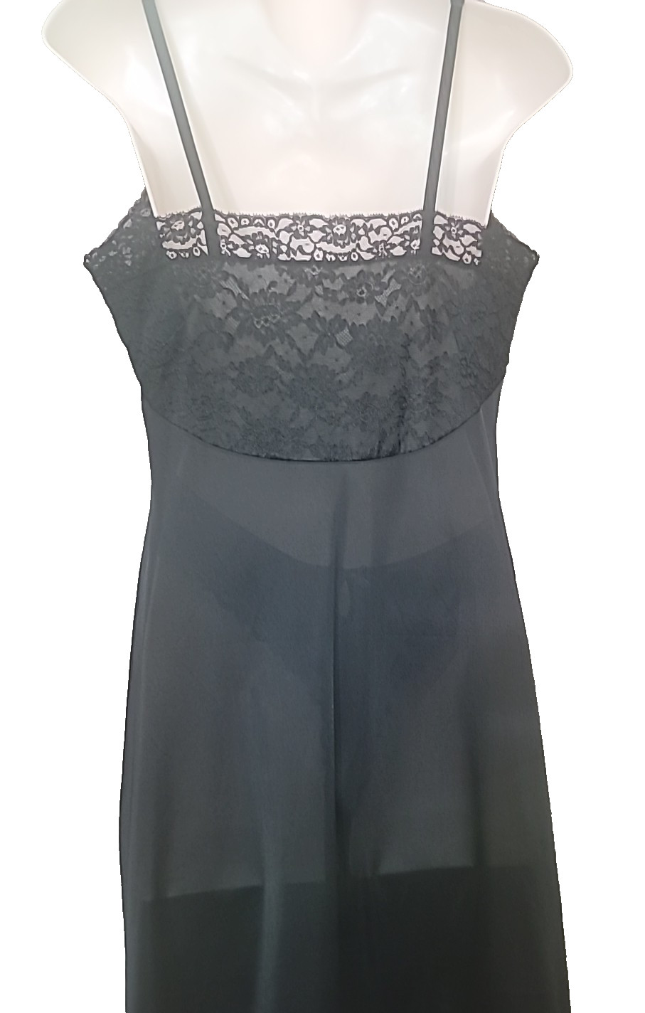 Vtg 60s VANITY FAIR Black Dress Slip Silky nylon sexy Floral 8″ Lace Hem Size 34