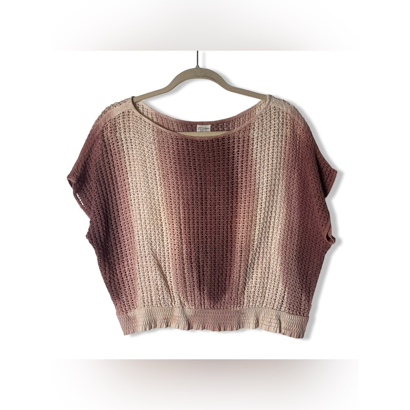 Vtg Made in Greece Open Weave Knit Crop Top Ombre Mauve Cream One Size 80s
