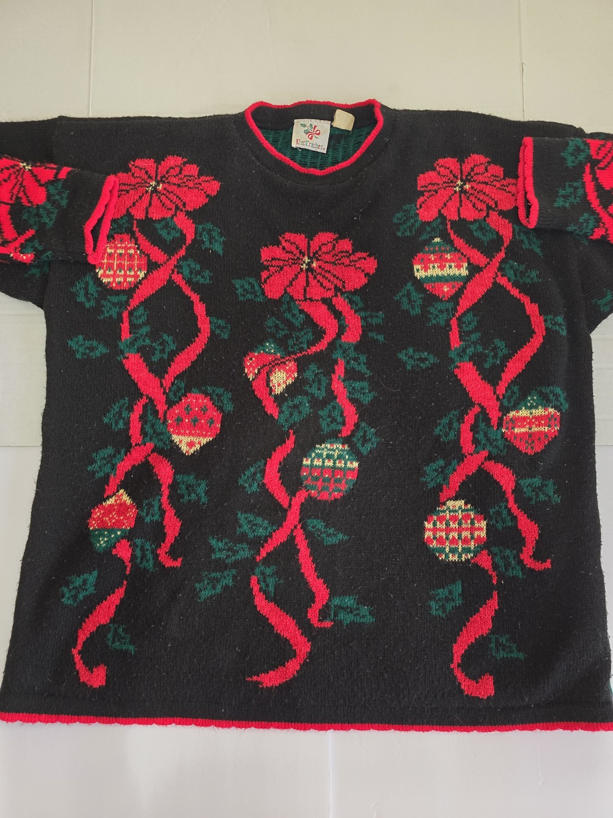 Vintage Nutcracker XL Holiday Sweater Bows Holly Ornament Grannycore