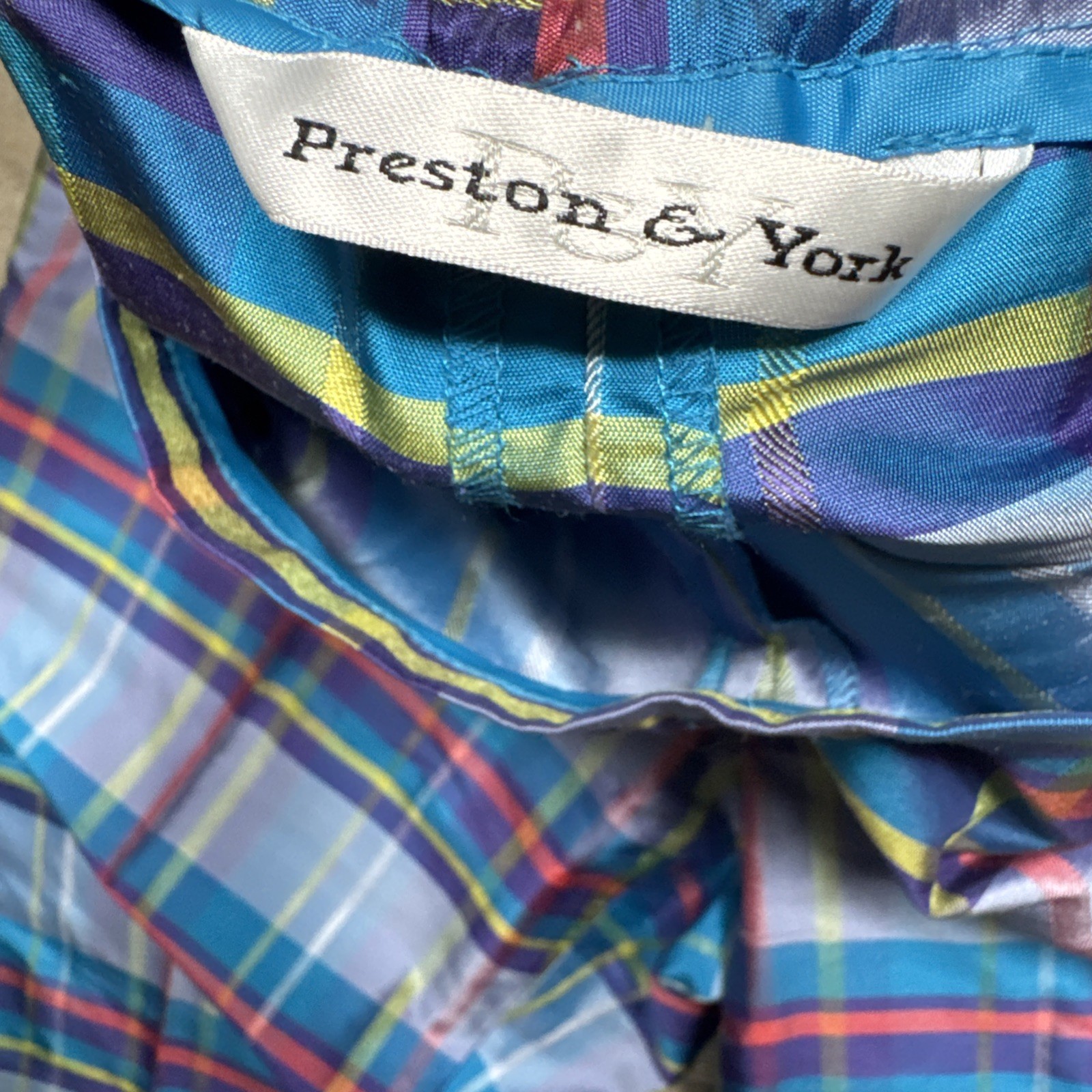 Vintage 90s Preston & York Silk 2pc Pajama Set Top Pants Plaid Womens M/ L Blue