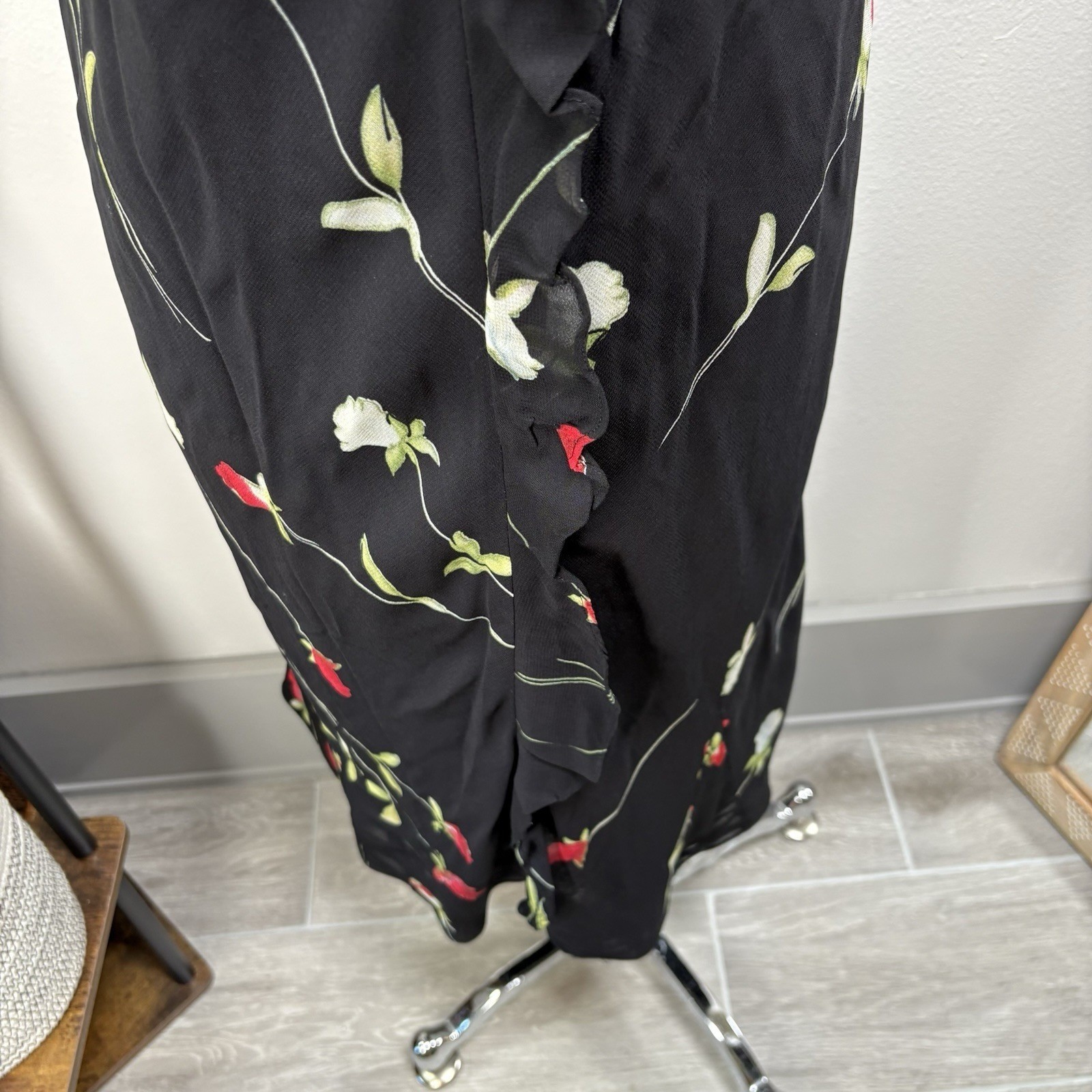 Vintage Evan Picone Women 6 Black Rose Midi Dress 90s Grunge Ruffle REPAIRED