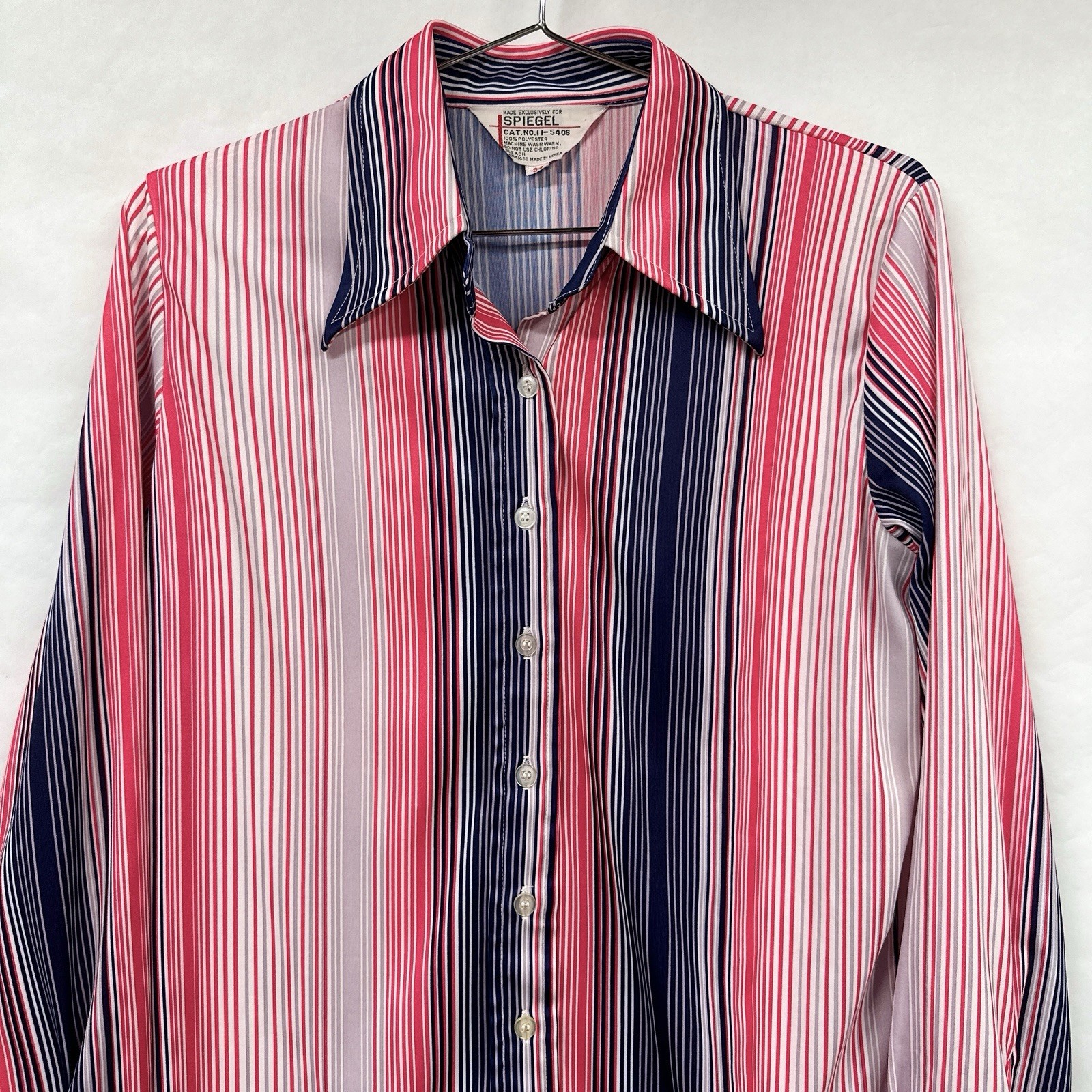 Vintage 70s Barcode Stripe Polyester Button Up Blouse Red Blue Spiegel M / L