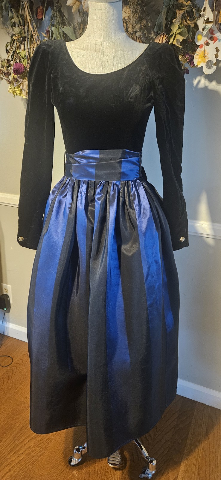 Vintage 198ps Blue And Black Striped Laura Ashley Prom Dress Mkd Sz 6