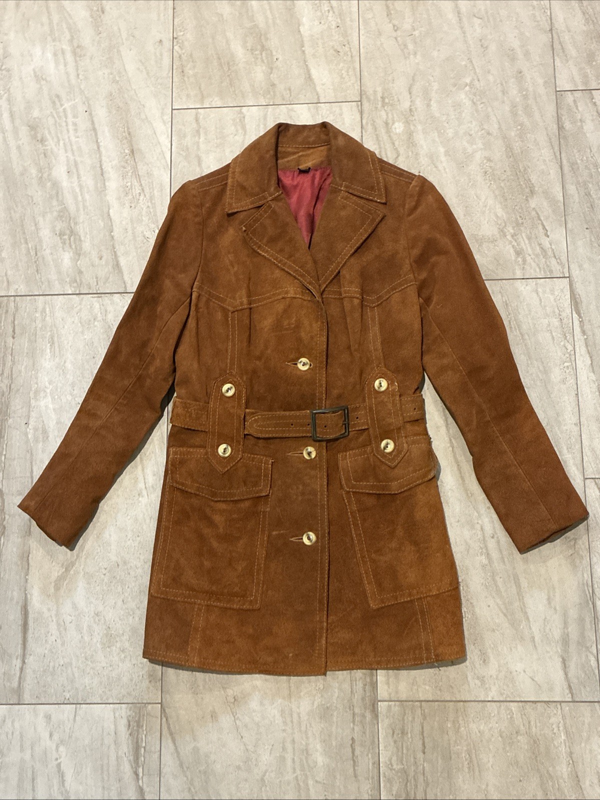 Vintage 70s Opera Women’s Suede Leather Belted Safari Trench Jacket Sz 11 Junior