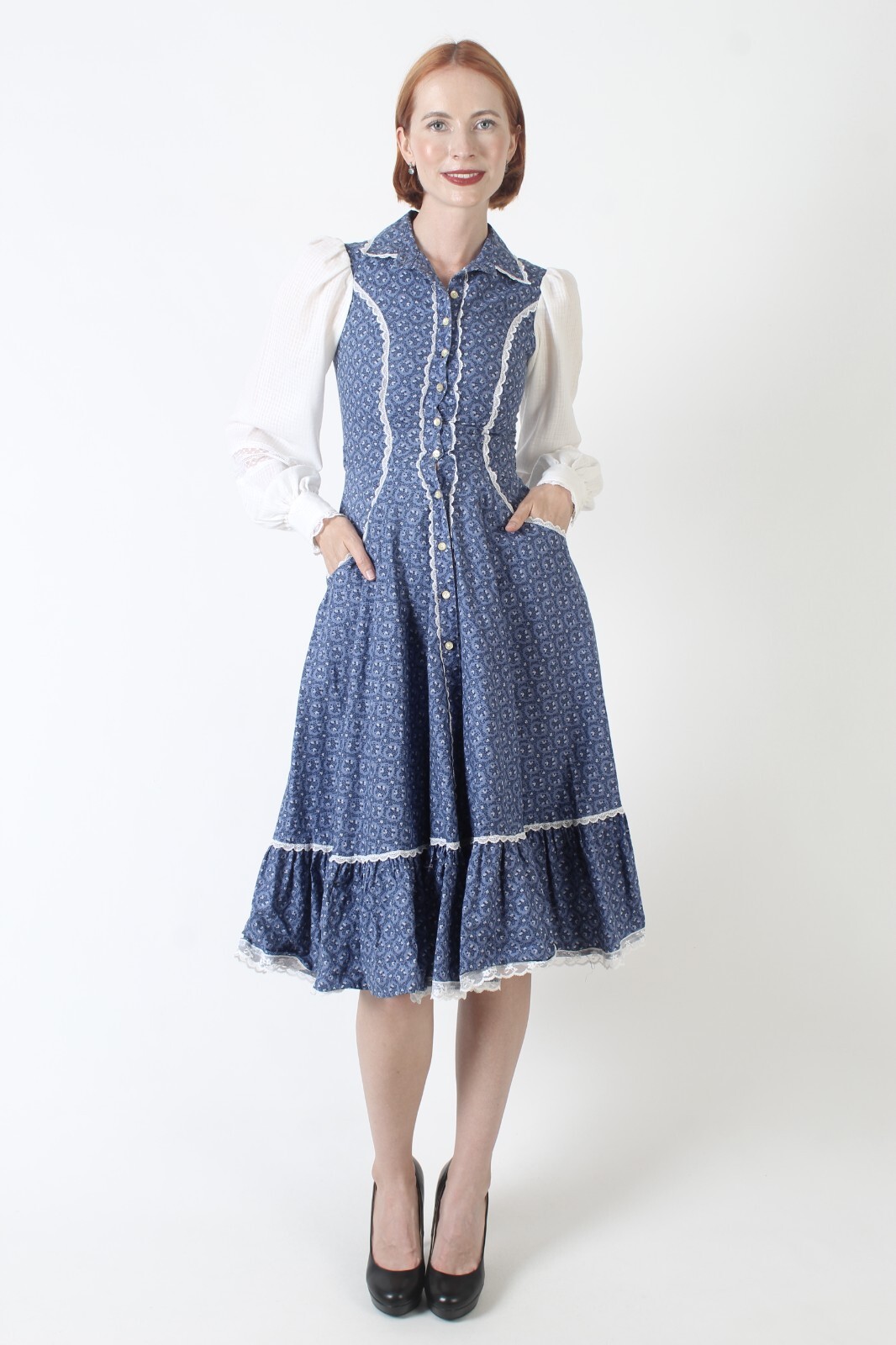 Vtg 70s Gunne Sax Cottagecore Dress Button Up Pockets Boho Wedding Wht Sleeve
