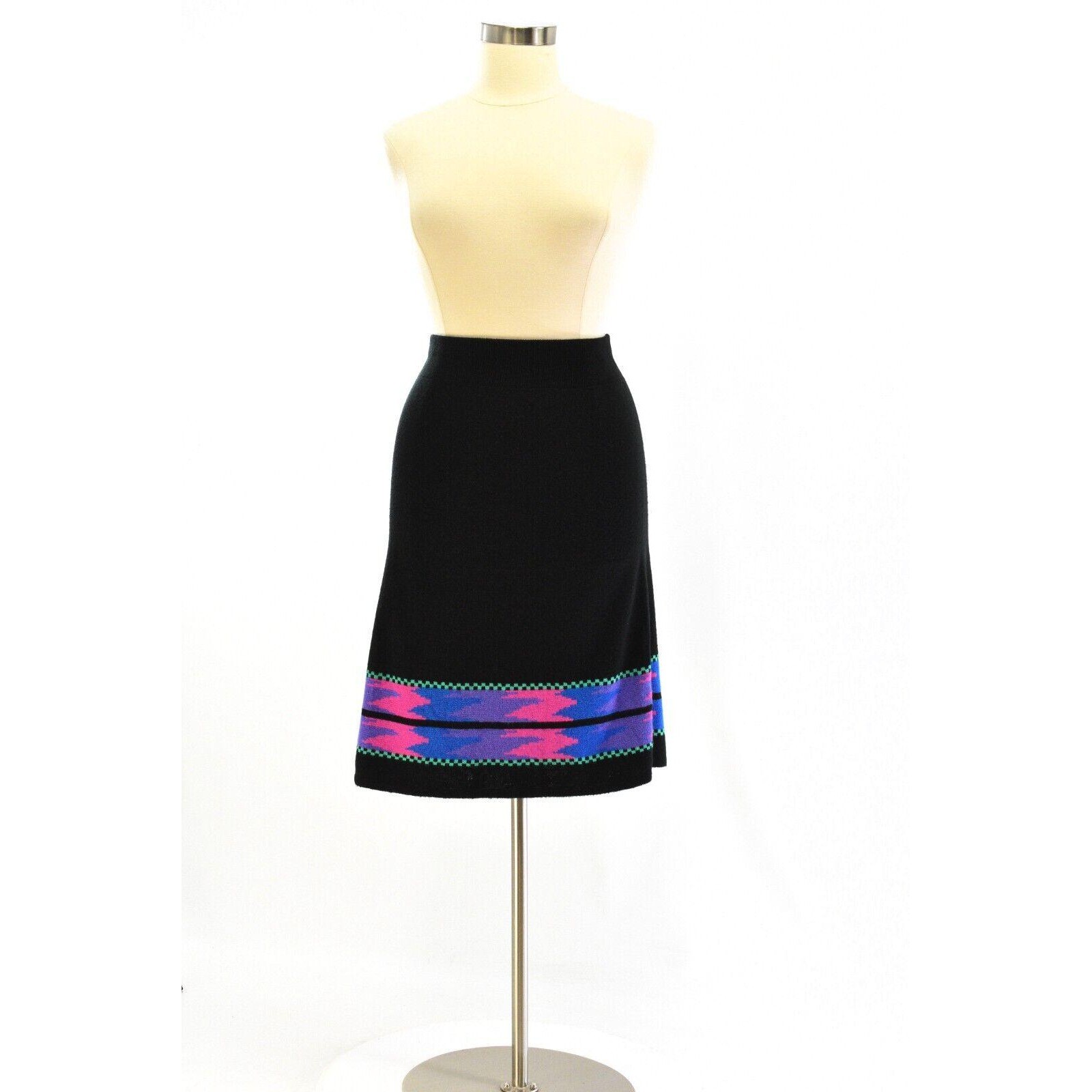 70s Vintage Geometric Sweater & Skirt Set Womens M Neon Pink Black Mod Outfit