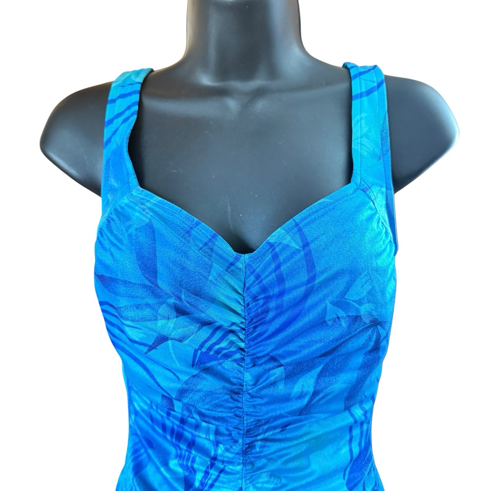 Vintage Maxine of Hollywood One Piece Swimsuit 12 Ruched Blue Palm Leaf 90s