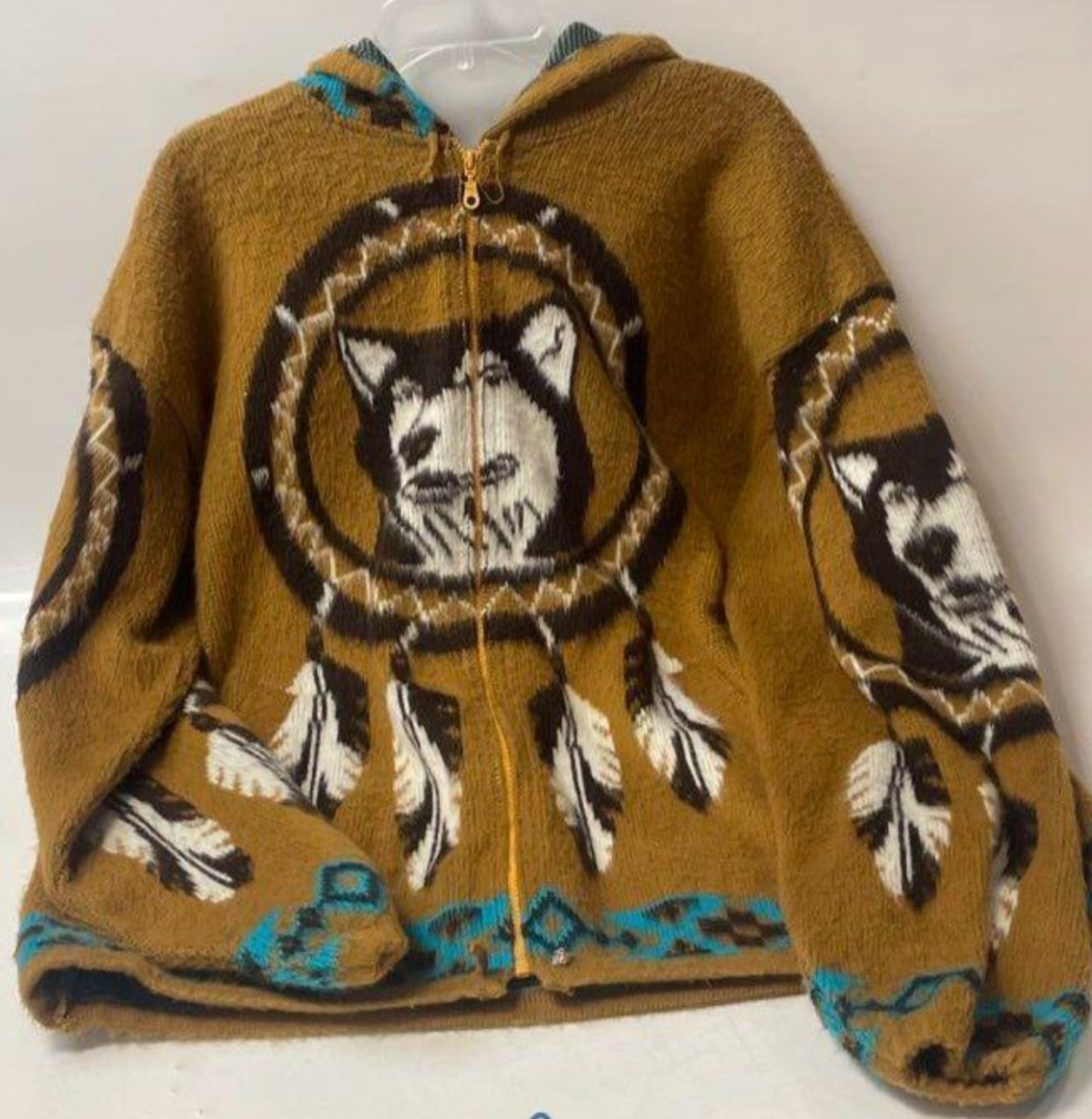 Artesanias Tuntaquimba Handmade Wool Wolf Sweater Jacket XL Native American WOW