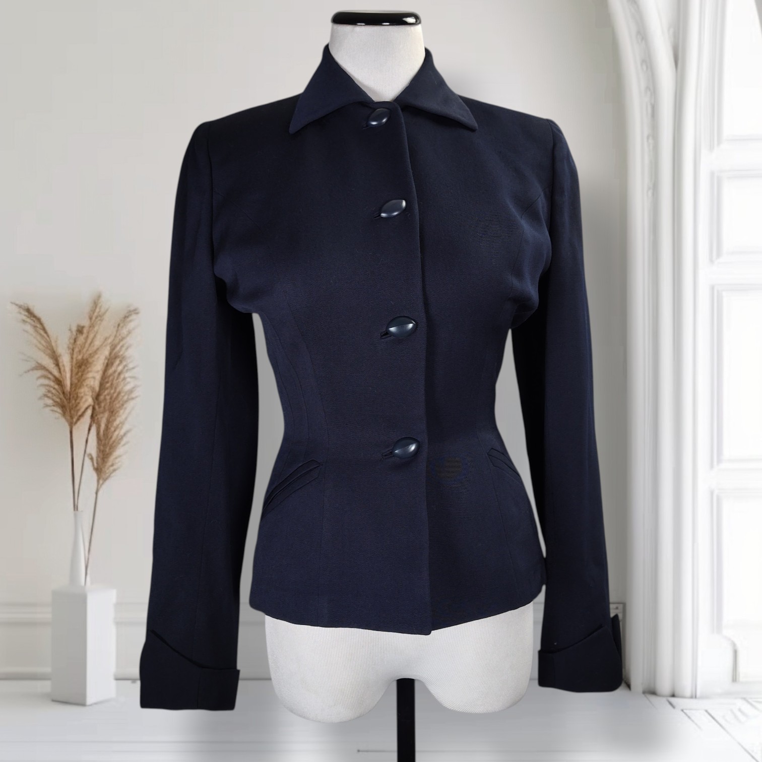 Late 1940s Handmacher Wool Gabardine Jacket Navy Size 2
