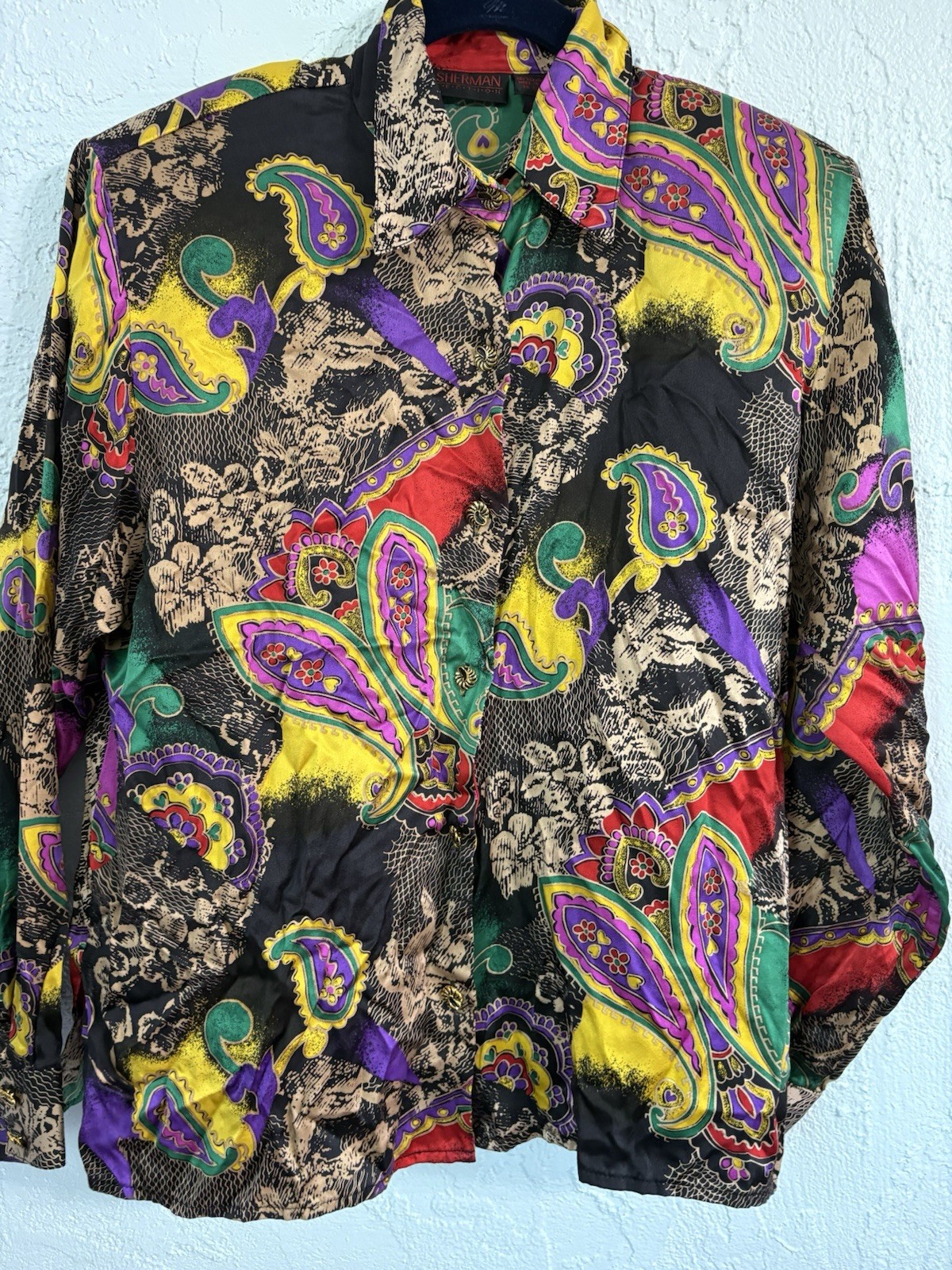 Vintage Jerri Sherman Collection Floral Paisley Multicolor Silk Shirt Blouse Top